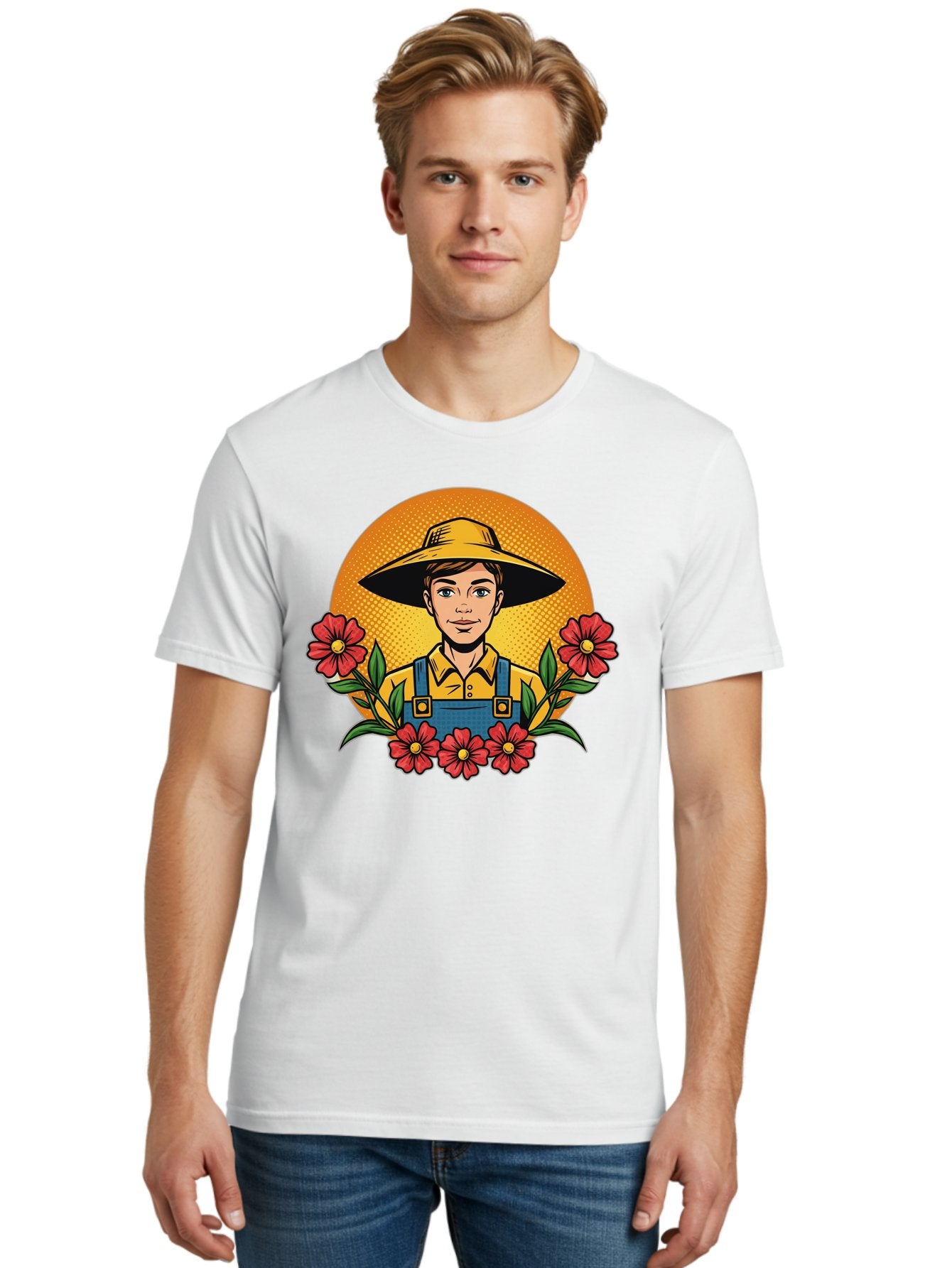 Farmer-With-Flowers Men'S Graphic Tee, 100% Cotton, Comfortable Casual Summer Wear, Machine Washable, Young Farmer, Gardening, Flowers, Floral Arrangement, Gardening Overall, Yellow Hat, Red Flowers, Gardening Illustration, Agricultural Theme, Baa661 28