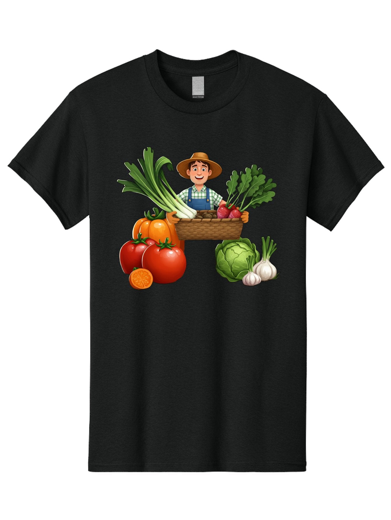 Farmer-With-Harvest Men'S Graphic Tee, 100% Cotton, Comfortable Casual Summer Wear, Machine Washable, Happy Farmer, Fresh Produce, Harvest Basket, Organic Vegetables, Tomatoes, Cabbage, Garlic, Leeks, Beets, Farmer'S Market, Local Produce, Baa662 13