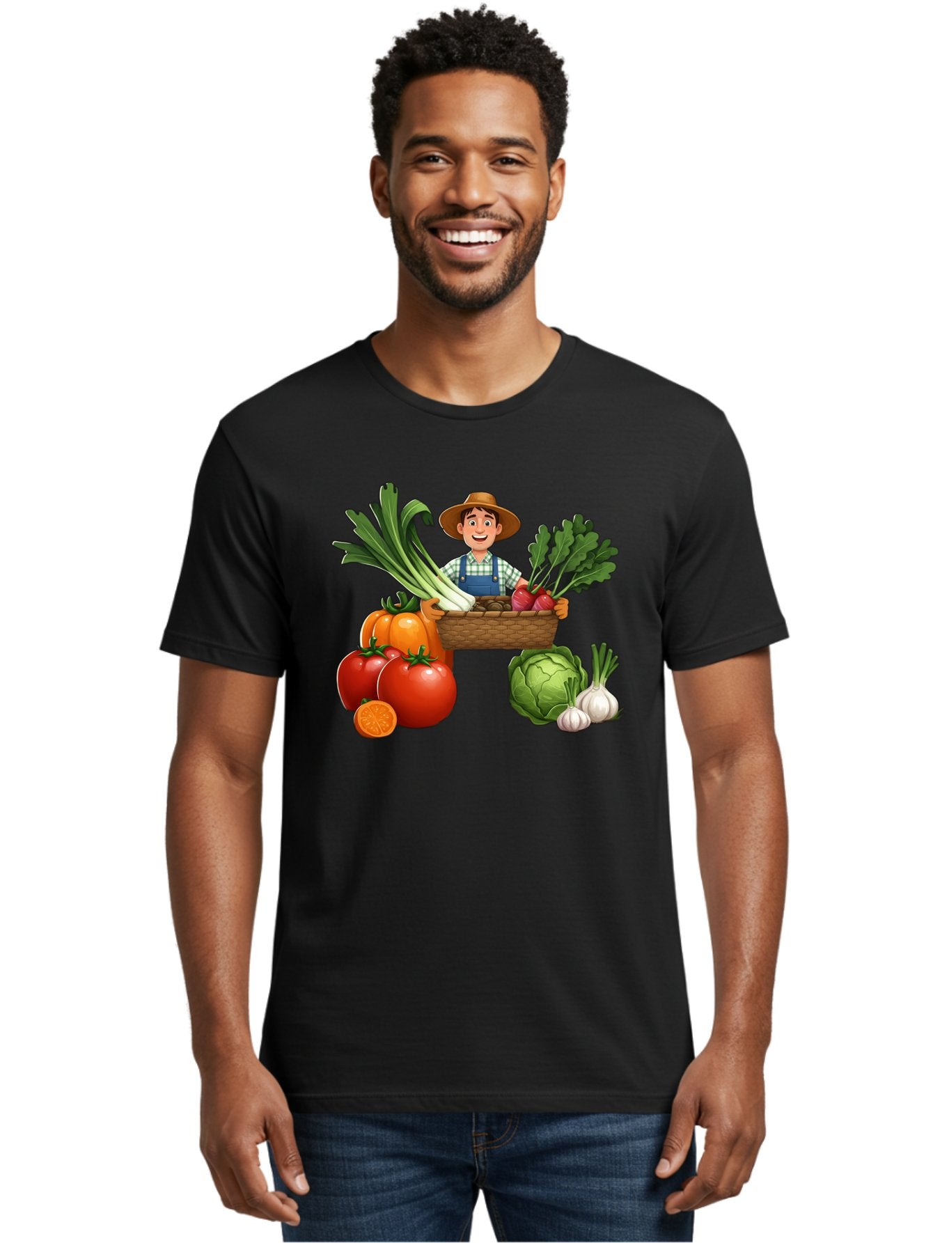 Farmer-With-Harvest Men'S Graphic Tee, 100% Cotton, Comfortable Casual Summer Wear, Machine Washable, Happy Farmer, Fresh Produce, Harvest Basket, Organic Vegetables, Tomatoes, Cabbage, Garlic, Leeks, Beets, Farmer'S Market, Local Produce, Baa662 20