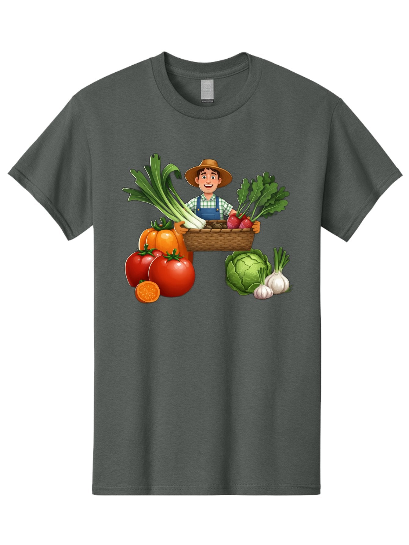 Farmer-With-Harvest Men'S Graphic Tee, 100% Cotton, Comfortable Casual Summer Wear, Machine Washable, Happy Farmer, Fresh Produce, Harvest Basket, Organic Vegetables, Tomatoes, Cabbage, Garlic, Leeks, Beets, Farmer'S Market, Local Produce, Baa662 15