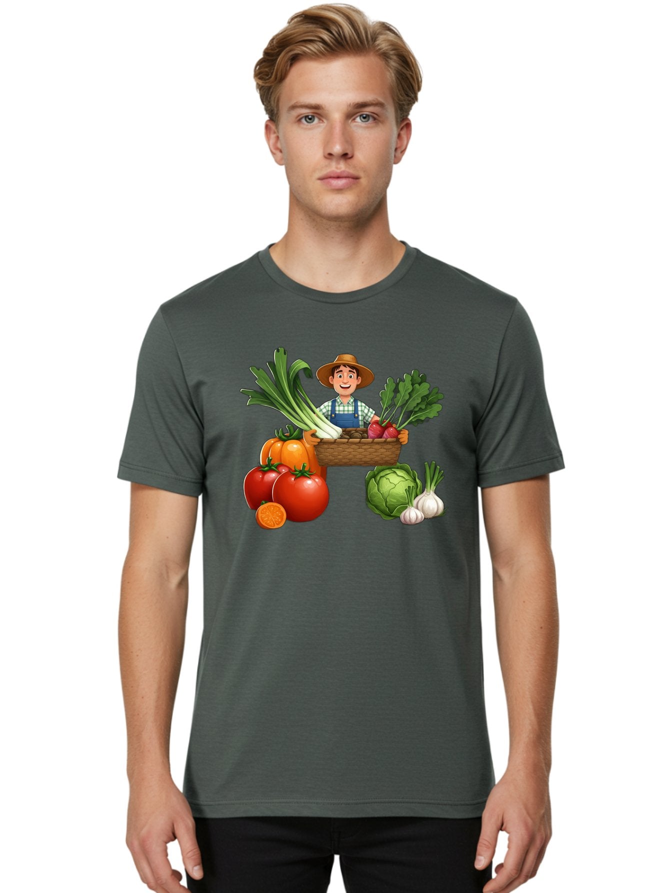 Farmer-With-Harvest Men'S Graphic Tee, 100% Cotton, Comfortable Casual Summer Wear, Machine Washable, Happy Farmer, Fresh Produce, Harvest Basket, Organic Vegetables, Tomatoes, Cabbage, Garlic, Leeks, Beets, Farmer'S Market, Local Produce, Baa662 30