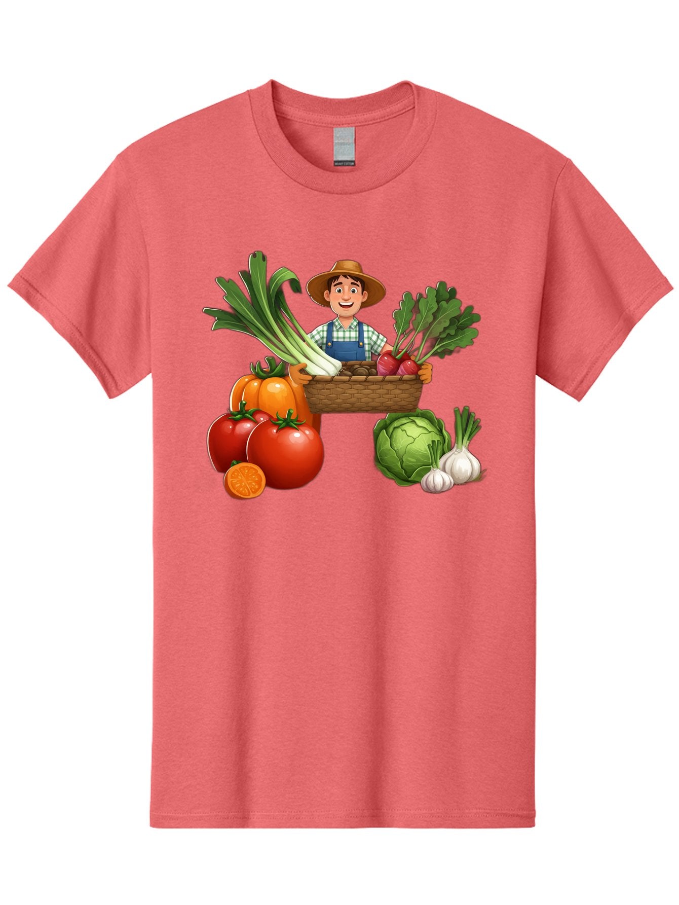 Farmer-With-Harvest Men'S Graphic Tee, 100% Cotton, Comfortable Casual Summer Wear, Machine Washable, Happy Farmer, Fresh Produce, Harvest Basket, Organic Vegetables, Tomatoes, Cabbage, Garlic, Leeks, Beets, Farmer'S Market, Local Produce, Baa662 9