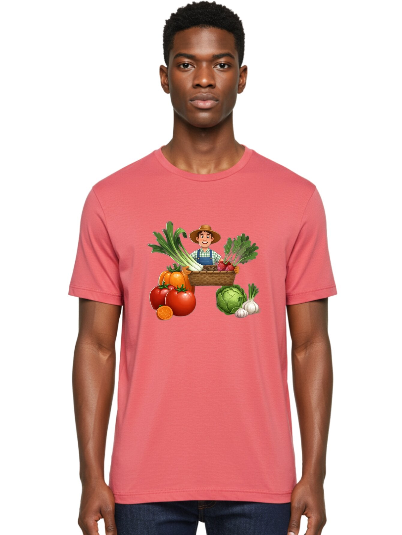 Farmer-With-Harvest Men'S Graphic Tee, 100% Cotton, Comfortable Casual Summer Wear, Machine Washable, Happy Farmer, Fresh Produce, Harvest Basket, Organic Vegetables, Tomatoes, Cabbage, Garlic, Leeks, Beets, Farmer'S Market, Local Produce, Baa662 26