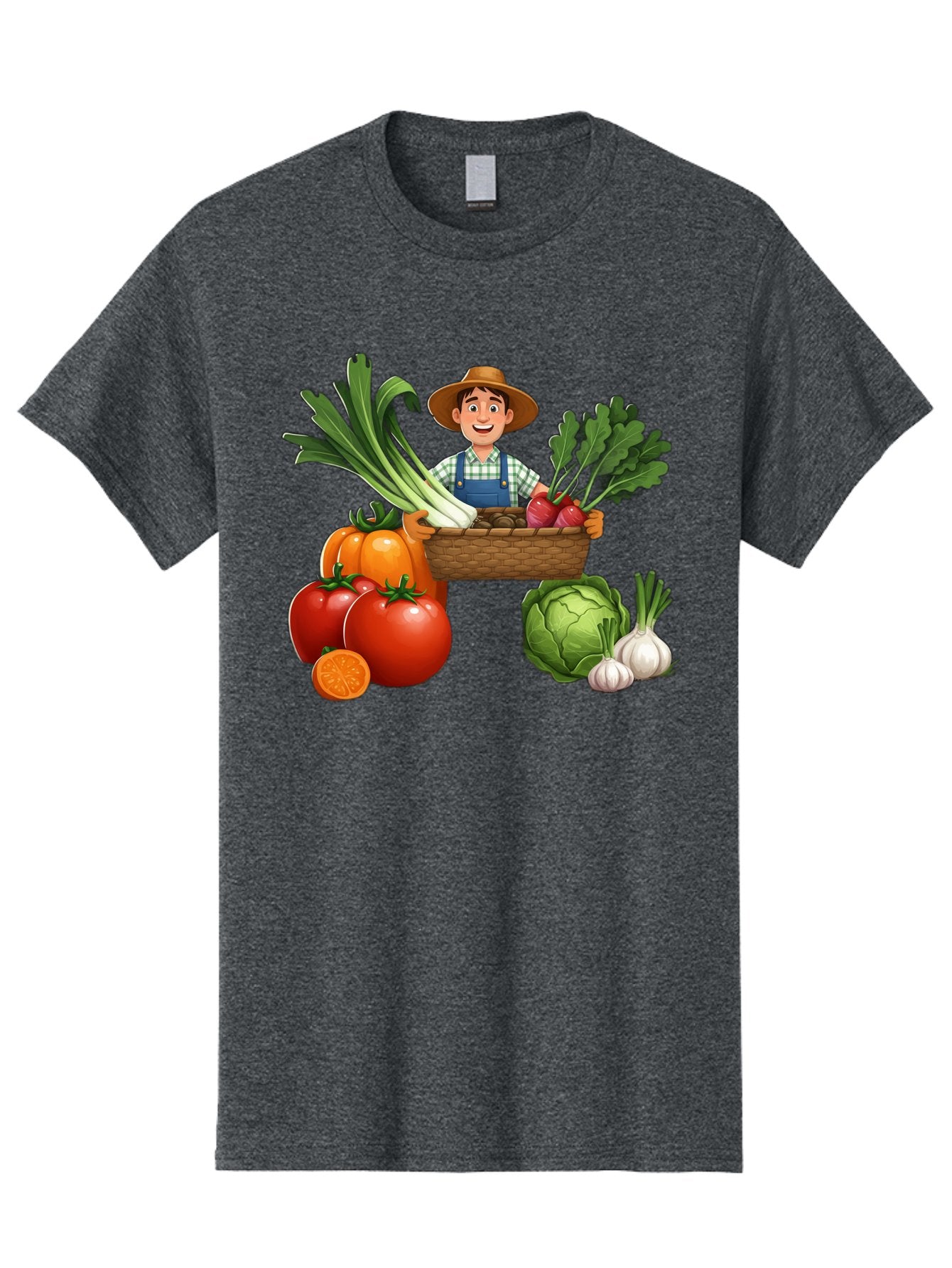 Farmer-With-Harvest Men'S Graphic Tee, 100% Cotton, Comfortable Casual Summer Wear, Machine Washable, Happy Farmer, Fresh Produce, Harvest Basket, Organic Vegetables, Tomatoes, Cabbage, Garlic, Leeks, Beets, Farmer'S Market, Local Produce, Baa662