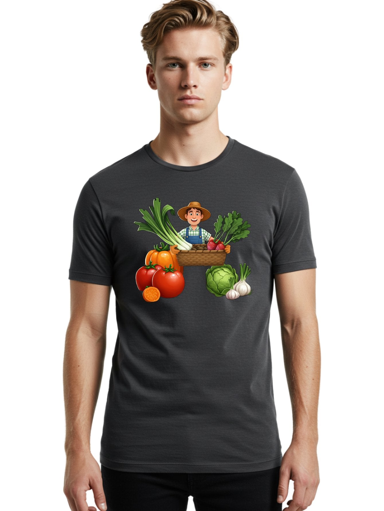 Farmer-With-Harvest Men'S Graphic Tee, 100% Cotton, Comfortable Casual Summer Wear, Machine Washable, Happy Farmer, Fresh Produce, Harvest Basket, Organic Vegetables, Tomatoes, Cabbage, Garlic, Leeks, Beets, Farmer'S Market, Local Produce, Baa662 19