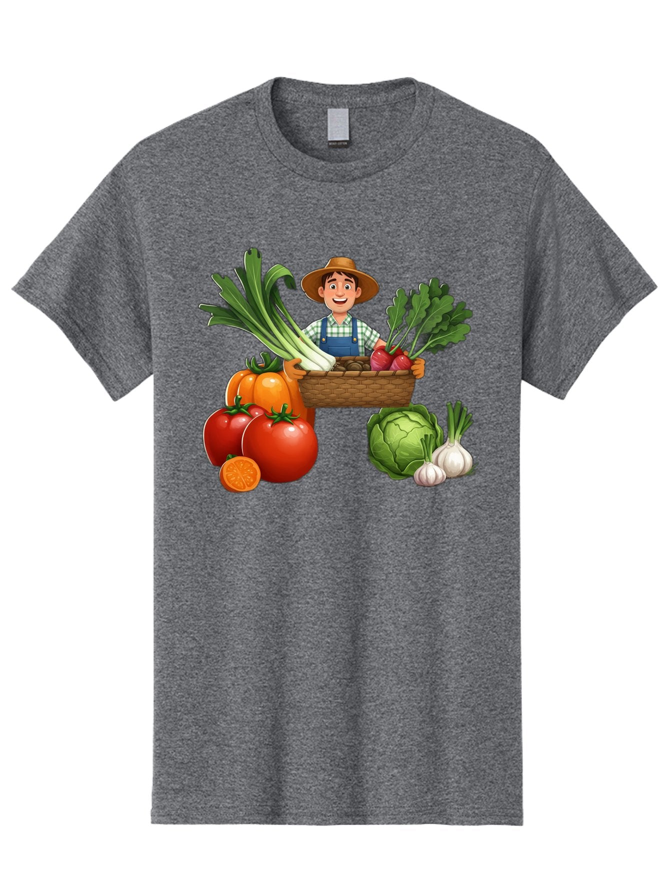 Farmer-With-Harvest Men'S Graphic Tee, 100% Cotton, Comfortable Casual Summer Wear, Machine Washable, Happy Farmer, Fresh Produce, Harvest Basket, Organic Vegetables, Tomatoes, Cabbage, Garlic, Leeks, Beets, Farmer'S Market, Local Produce, Baa662 4