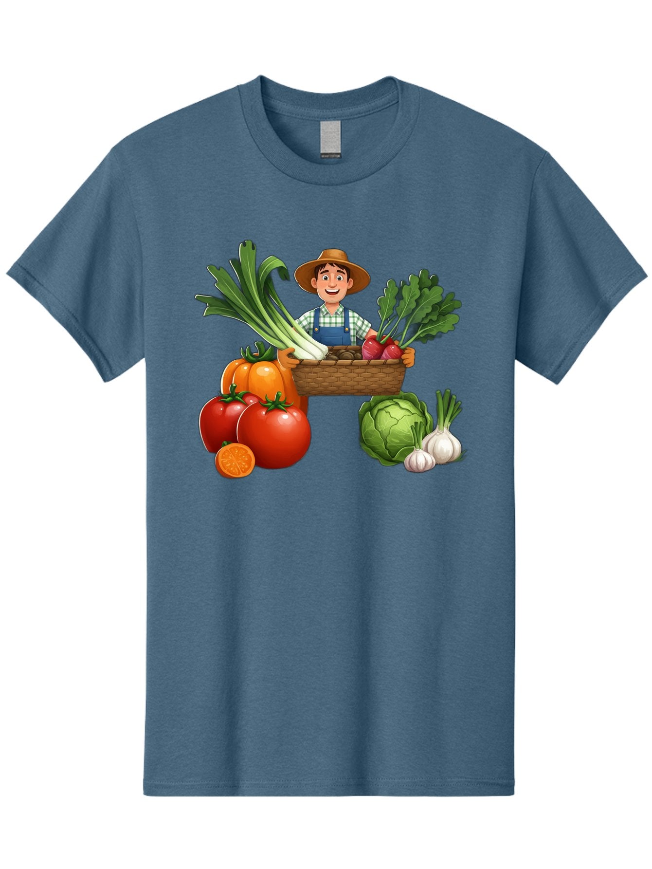 Farmer-With-Harvest Men'S Graphic Tee, 100% Cotton, Comfortable Casual Summer Wear, Machine Washable, Happy Farmer, Fresh Produce, Harvest Basket, Organic Vegetables, Tomatoes, Cabbage, Garlic, Leeks, Beets, Farmer'S Market, Local Produce, Baa662 10
