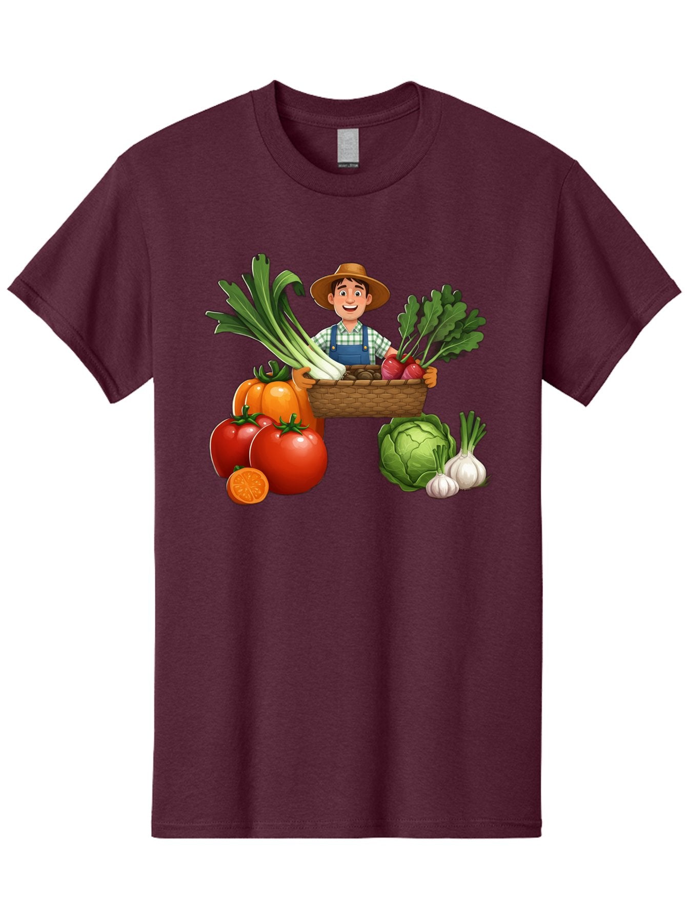 Farmer-With-Harvest Men'S Graphic Tee, 100% Cotton, Comfortable Casual Summer Wear, Machine Washable, Happy Farmer, Fresh Produce, Harvest Basket, Organic Vegetables, Tomatoes, Cabbage, Garlic, Leeks, Beets, Farmer'S Market, Local Produce, Baa662 14