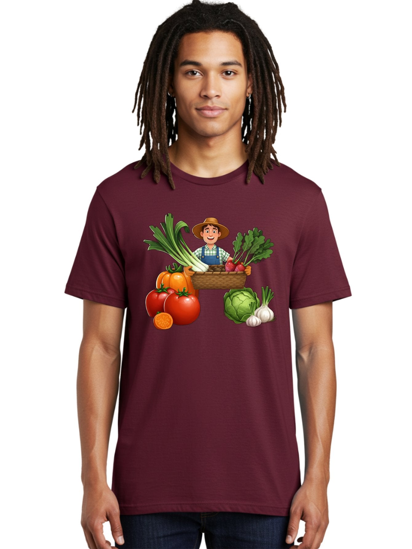 Farmer-With-Harvest Men'S Graphic Tee, 100% Cotton, Comfortable Casual Summer Wear, Machine Washable, Happy Farmer, Fresh Produce, Harvest Basket, Organic Vegetables, Tomatoes, Cabbage, Garlic, Leeks, Beets, Farmer'S Market, Local Produce, Baa662 29