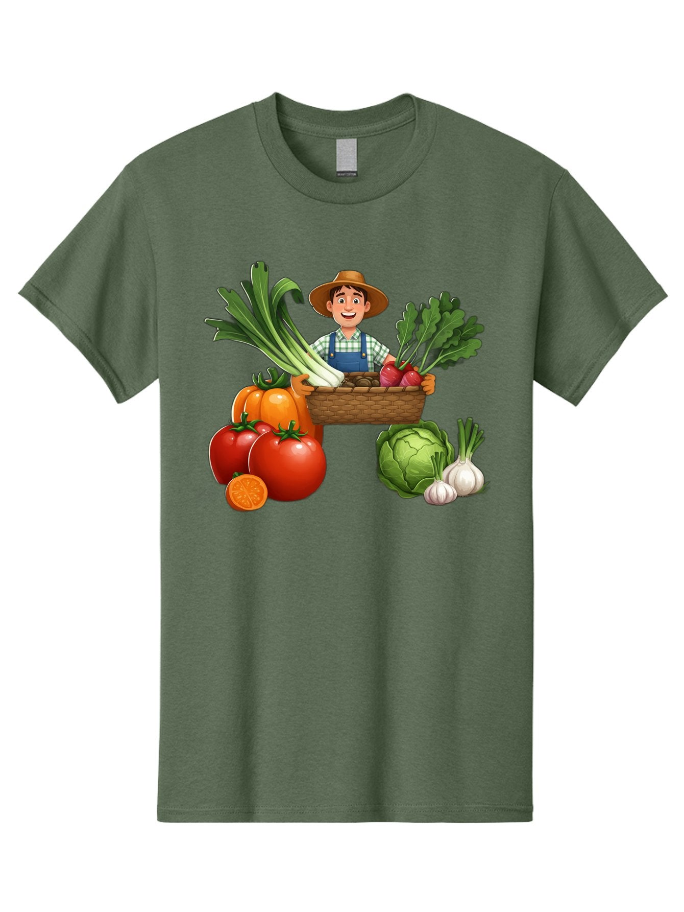 Farmer-With-Harvest Men'S Graphic Tee, 100% Cotton, Comfortable Casual Summer Wear, Machine Washable, Happy Farmer, Fresh Produce, Harvest Basket, Organic Vegetables, Tomatoes, Cabbage, Garlic, Leeks, Beets, Farmer'S Market, Local Produce, Baa662 3