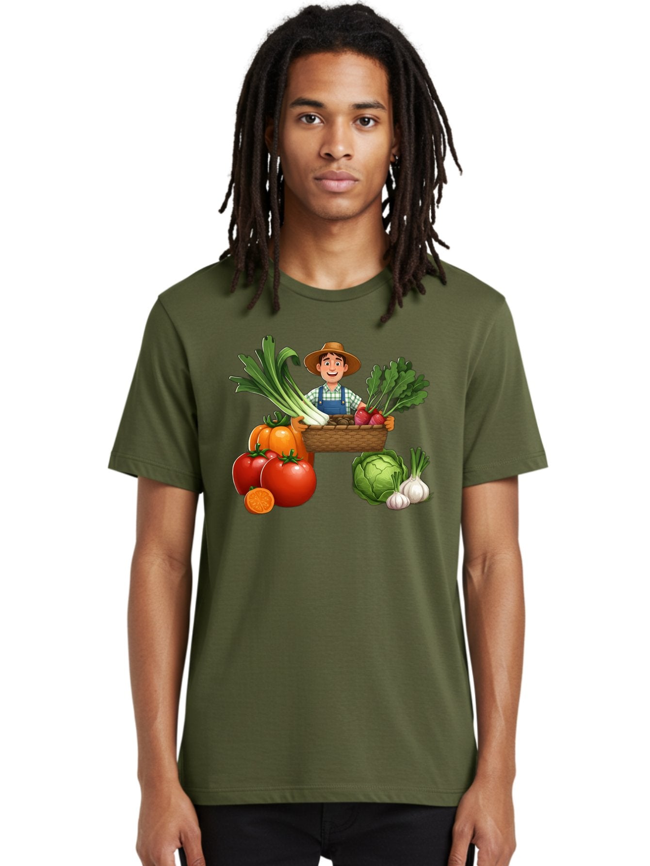Farmer-With-Harvest Men'S Graphic Tee, 100% Cotton, Comfortable Casual Summer Wear, Machine Washable, Happy Farmer, Fresh Produce, Harvest Basket, Organic Vegetables, Tomatoes, Cabbage, Garlic, Leeks, Beets, Farmer'S Market, Local Produce, Baa662 22
