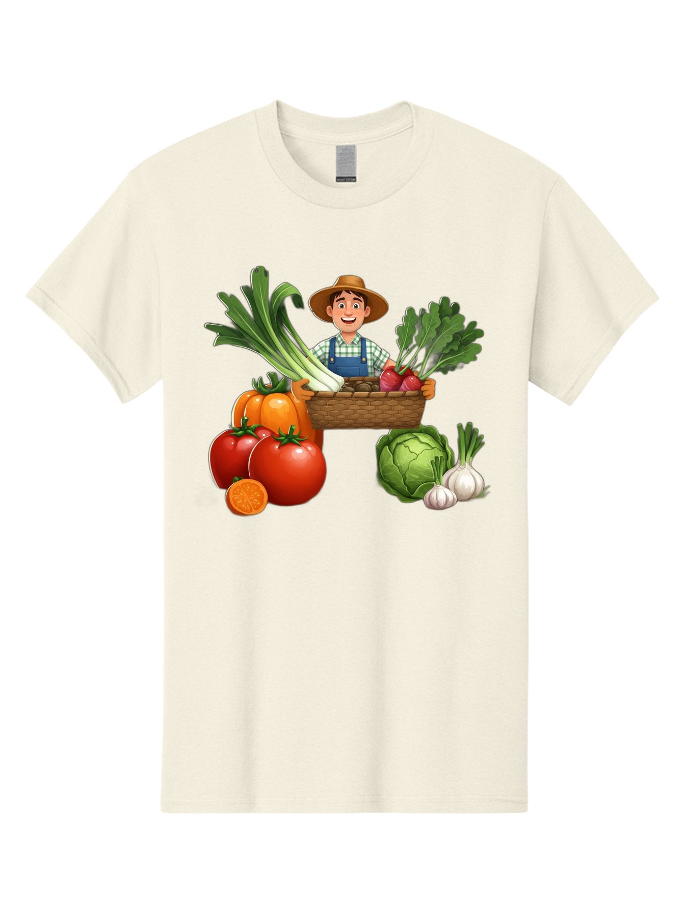 Farmer-With-Harvest Men'S Graphic Tee, 100% Cotton, Comfortable Casual Summer Wear, Machine Washable, Happy Farmer, Fresh Produce, Harvest Basket, Organic Vegetables, Tomatoes, Cabbage, Garlic, Leeks, Beets, Farmer'S Market, Local Produce, Baa662 7