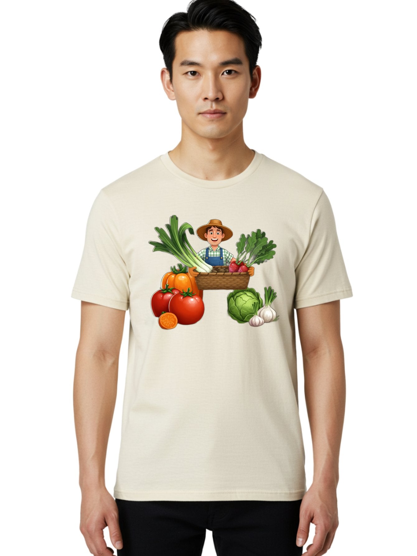 Farmer-With-Harvest Men'S Graphic Tee, 100% Cotton, Comfortable Casual Summer Wear, Machine Washable, Happy Farmer, Fresh Produce, Harvest Basket, Organic Vegetables, Tomatoes, Cabbage, Garlic, Leeks, Beets, Farmer'S Market, Local Produce, Baa662 16