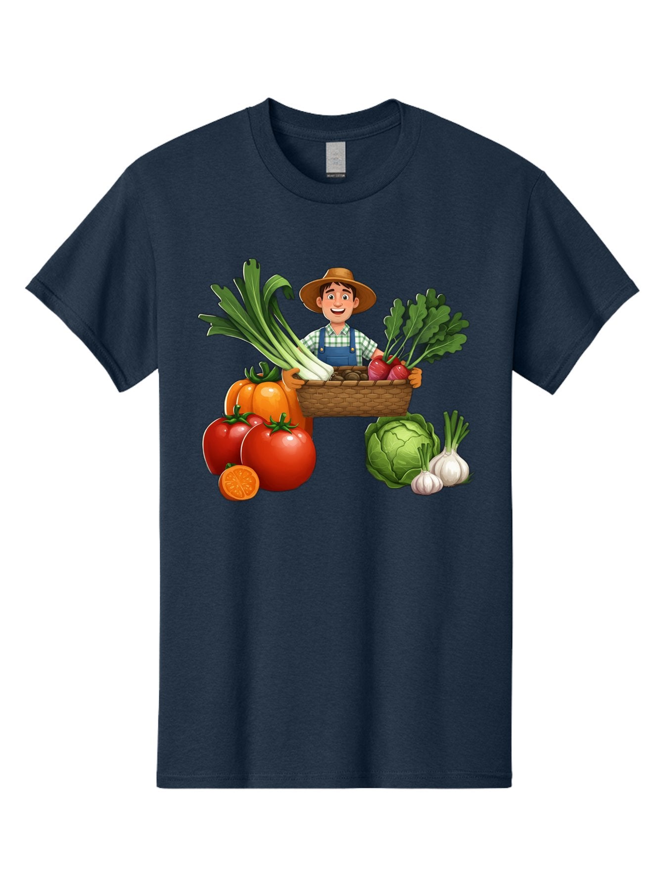 Farmer-With-Harvest Men'S Graphic Tee, 100% Cotton, Comfortable Casual Summer Wear, Machine Washable, Happy Farmer, Fresh Produce, Harvest Basket, Organic Vegetables, Tomatoes, Cabbage, Garlic, Leeks, Beets, Farmer'S Market, Local Produce, Baa662 6