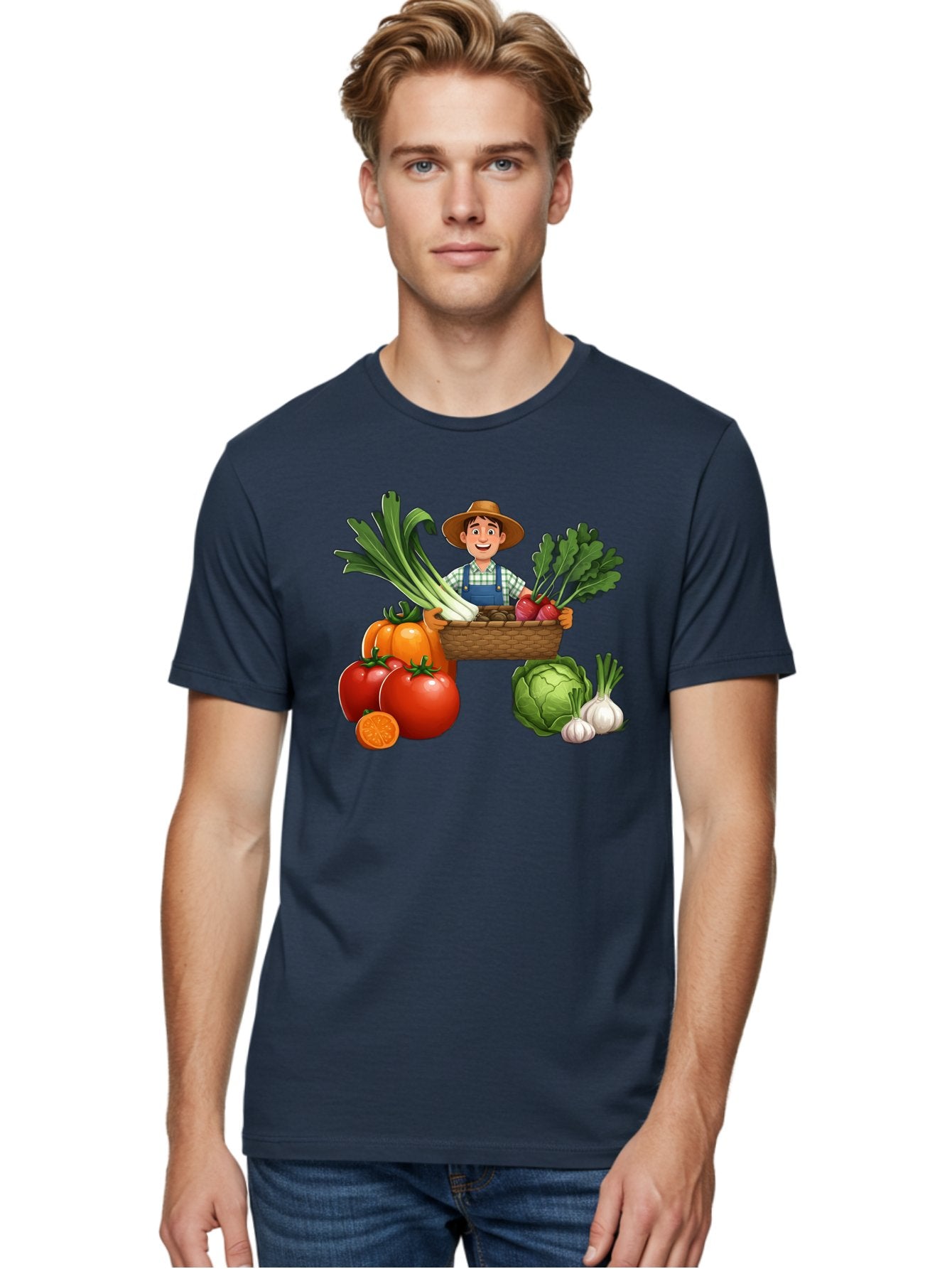 Farmer-With-Harvest Men'S Graphic Tee, 100% Cotton, Comfortable Casual Summer Wear, Machine Washable, Happy Farmer, Fresh Produce, Harvest Basket, Organic Vegetables, Tomatoes, Cabbage, Garlic, Leeks, Beets, Farmer'S Market, Local Produce, Baa662 24