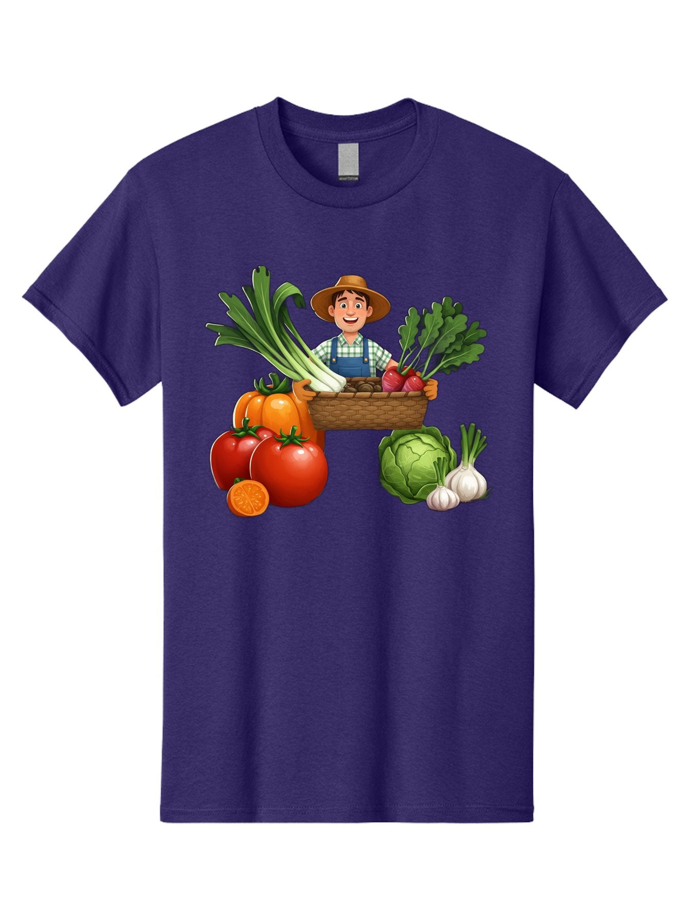 Farmer-With-Harvest Men'S Graphic Tee, 100% Cotton, Comfortable Casual Summer Wear, Machine Washable, Happy Farmer, Fresh Produce, Harvest Basket, Organic Vegetables, Tomatoes, Cabbage, Garlic, Leeks, Beets, Farmer'S Market, Local Produce, Baa662 5
