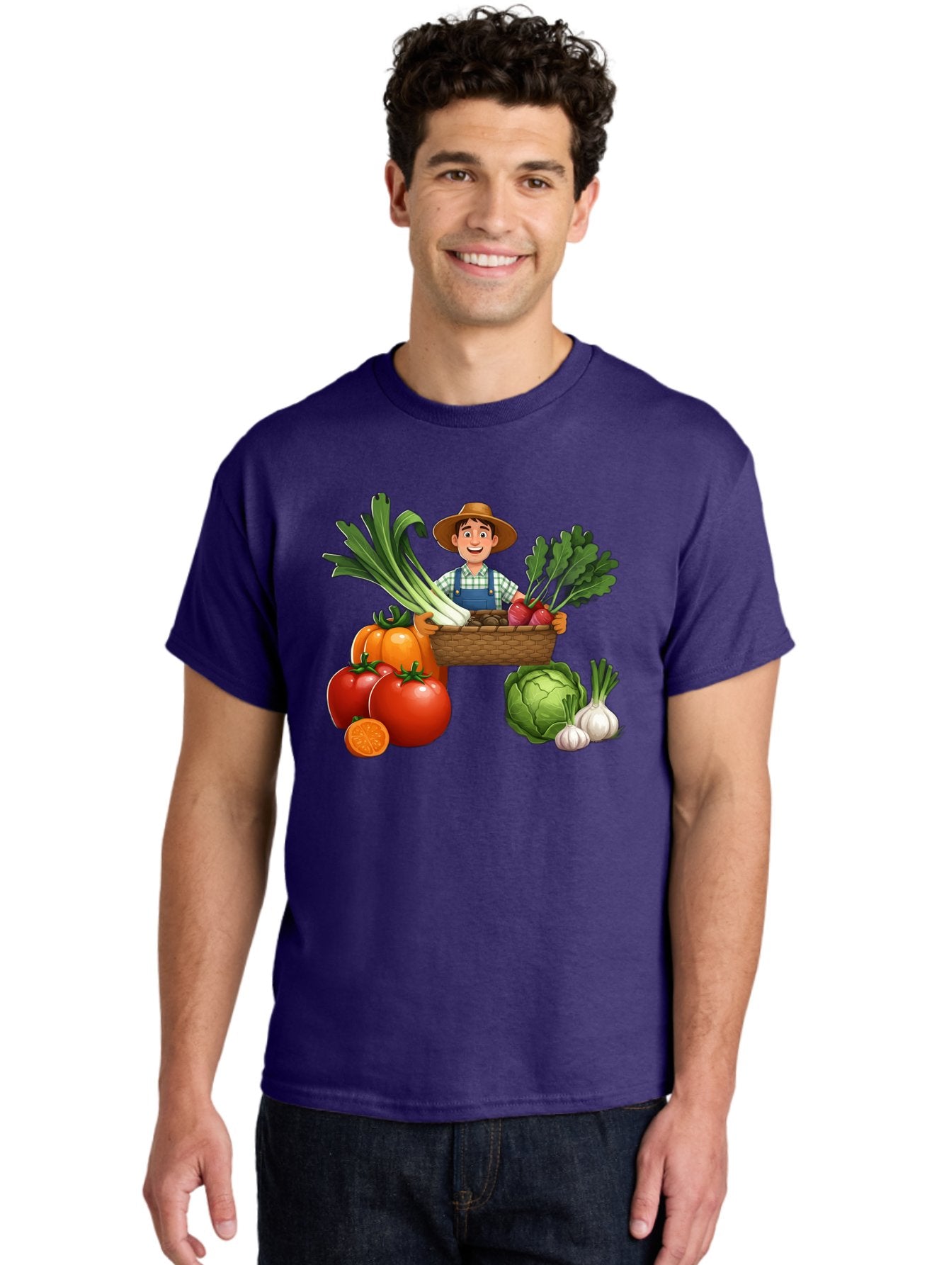 Farmer-With-Harvest Men'S Graphic Tee, 100% Cotton, Comfortable Casual Summer Wear, Machine Washable, Happy Farmer, Fresh Produce, Harvest Basket, Organic Vegetables, Tomatoes, Cabbage, Garlic, Leeks, Beets, Farmer'S Market, Local Produce, Baa662 23