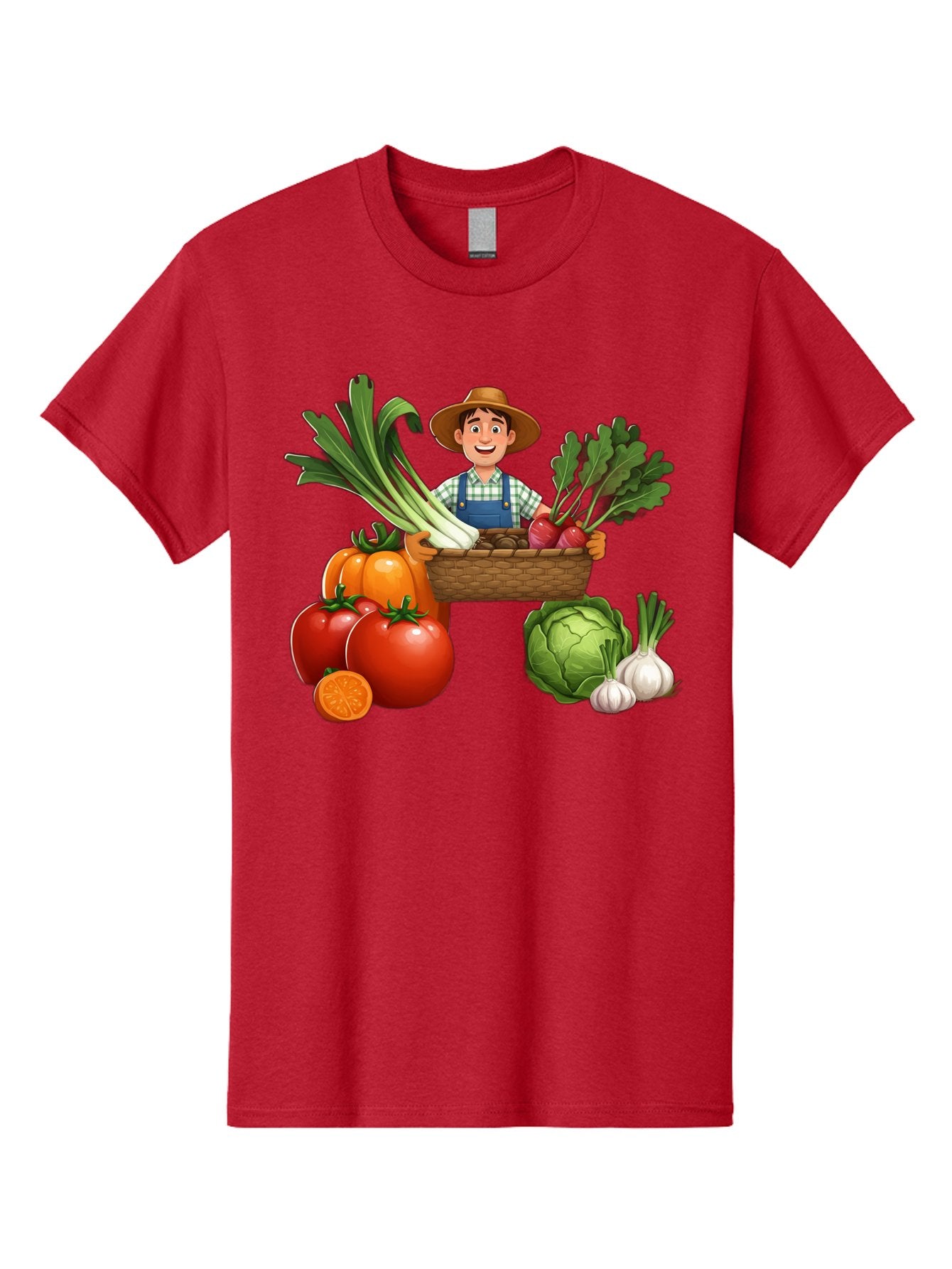 Farmer-With-Harvest Men'S Graphic Tee, 100% Cotton, Comfortable Casual Summer Wear, Machine Washable, Happy Farmer, Fresh Produce, Harvest Basket, Organic Vegetables, Tomatoes, Cabbage, Garlic, Leeks, Beets, Farmer'S Market, Local Produce, Baa662 11