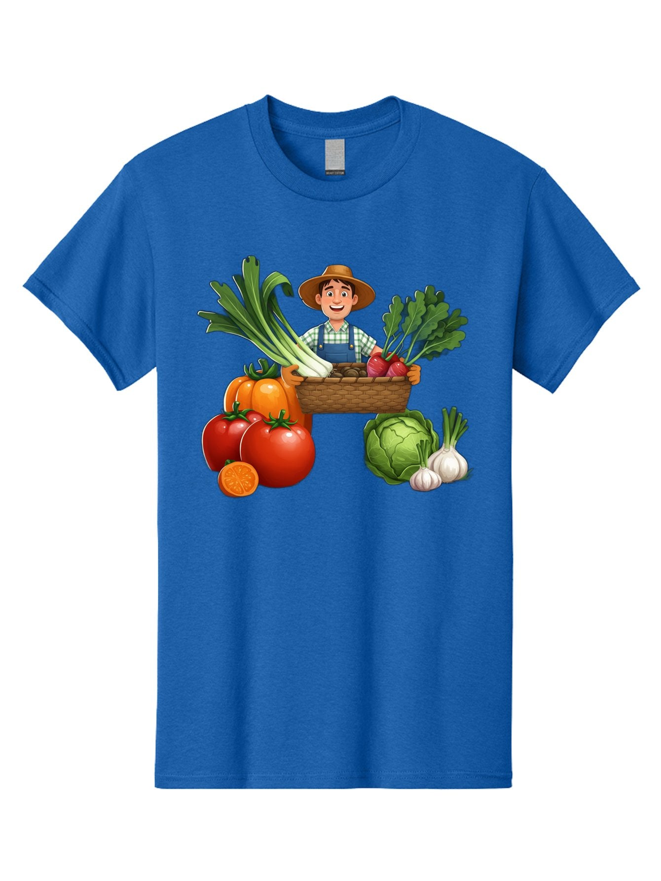 Farmer-With-Harvest Men'S Graphic Tee, 100% Cotton, Comfortable Casual Summer Wear, Machine Washable, Happy Farmer, Fresh Produce, Harvest Basket, Organic Vegetables, Tomatoes, Cabbage, Garlic, Leeks, Beets, Farmer'S Market, Local Produce, Baa662 8