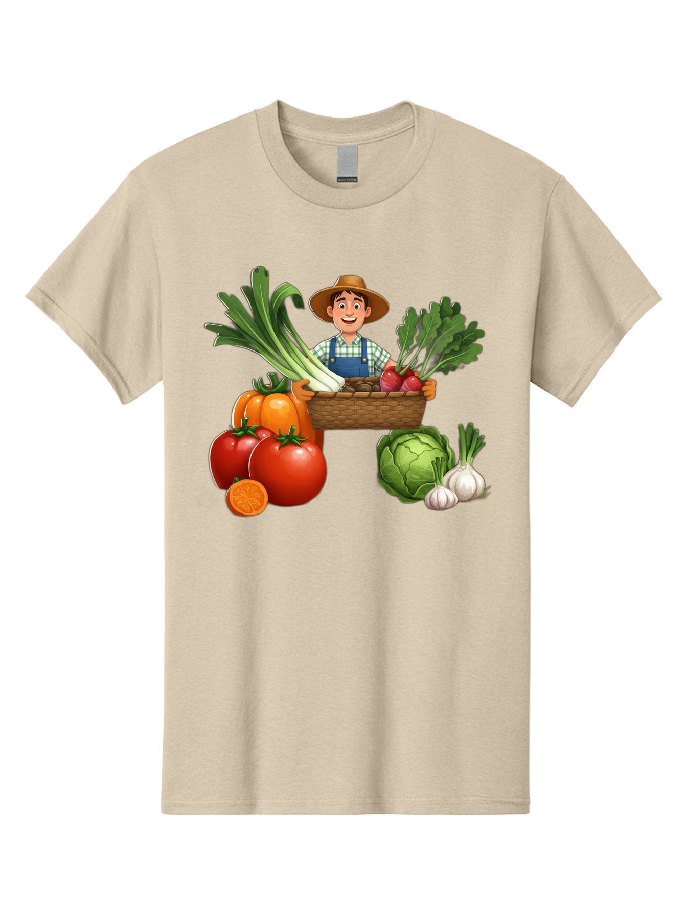 Farmer-With-Harvest Men'S Graphic Tee, 100% Cotton, Comfortable Casual Summer Wear, Machine Washable, Happy Farmer, Fresh Produce, Harvest Basket, Organic Vegetables, Tomatoes, Cabbage, Garlic, Leeks, Beets, Farmer'S Market, Local Produce, Baa662