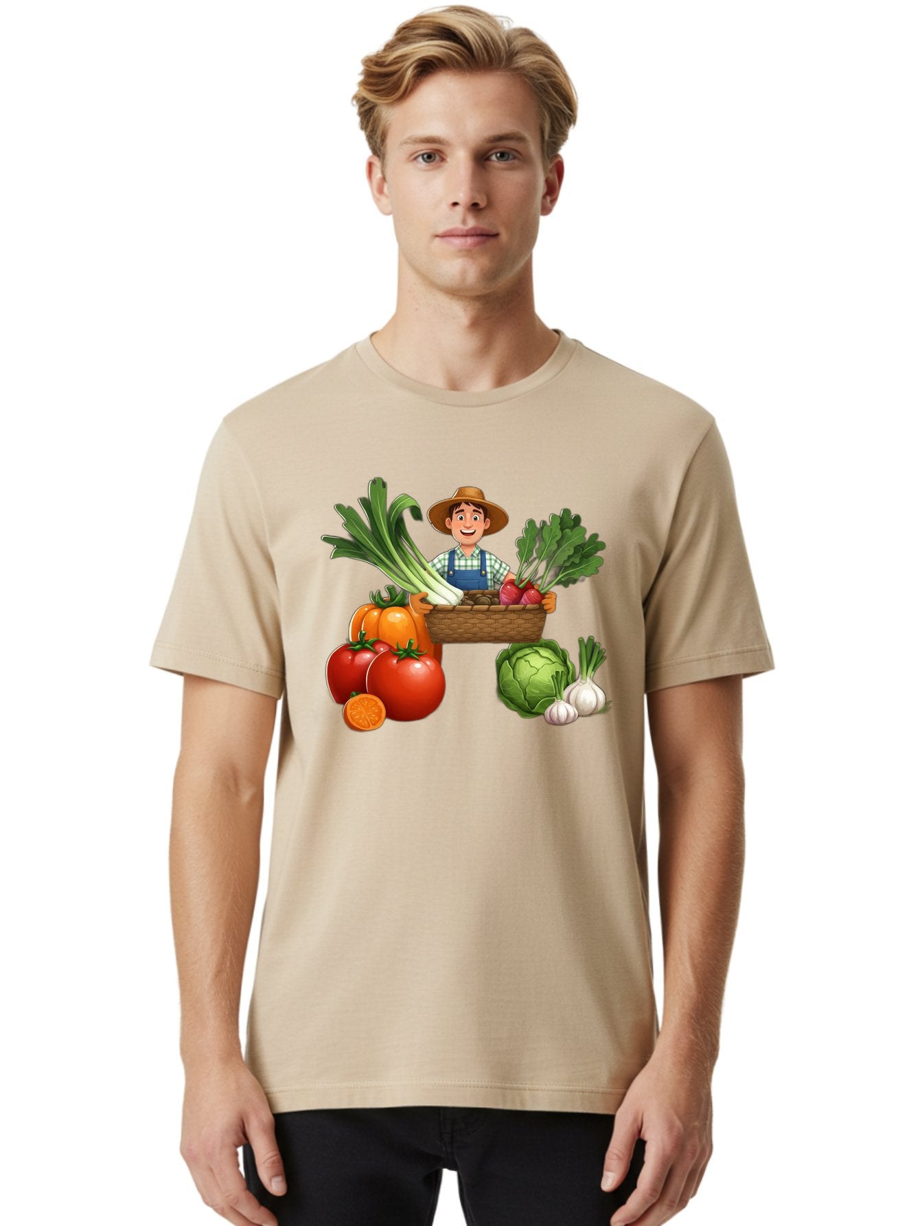 Farmer-With-Harvest Men'S Graphic Tee, 100% Cotton, Comfortable Casual Summer Wear, Machine Washable, Happy Farmer, Fresh Produce, Harvest Basket, Organic Vegetables, Tomatoes, Cabbage, Garlic, Leeks, Beets, Farmer'S Market, Local Produce, Baa662 21