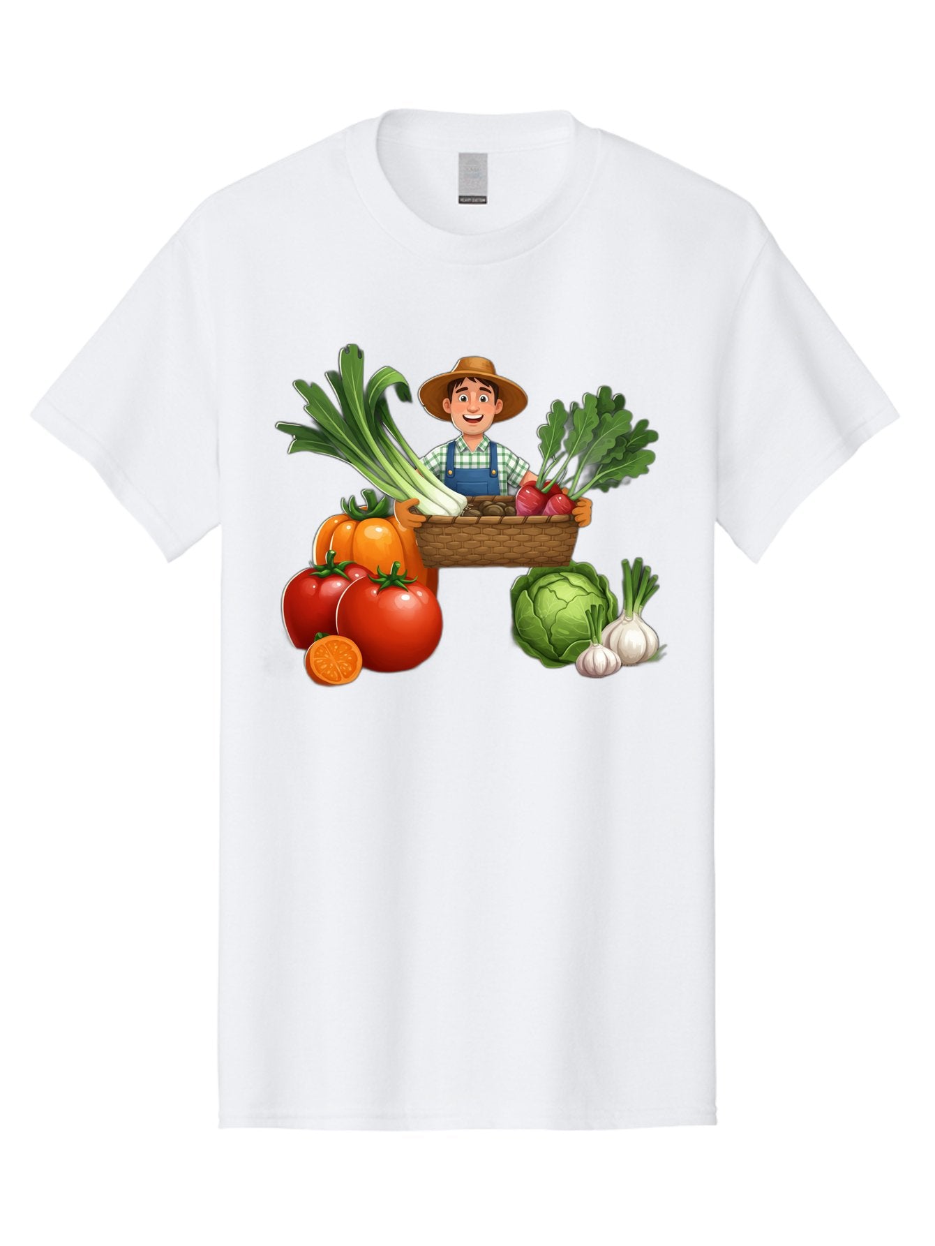 Farmer-With-Harvest Men'S Graphic Tee, 100% Cotton, Comfortable Casual Summer Wear, Machine Washable, Happy Farmer, Fresh Produce, Harvest Basket, Organic Vegetables, Tomatoes, Cabbage, Garlic, Leeks, Beets, Farmer'S Market, Local Produce, Baa662 12