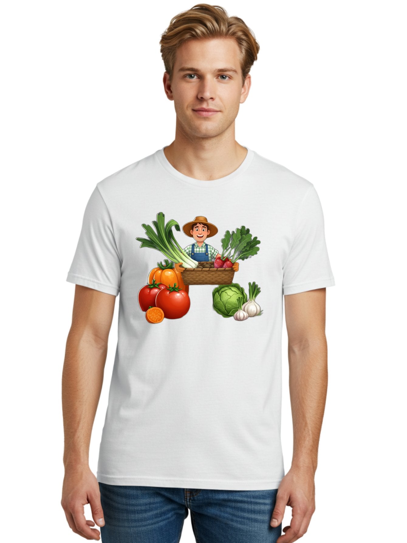 Farmer-With-Harvest Men'S Graphic Tee, 100% Cotton, Comfortable Casual Summer Wear, Machine Washable, Happy Farmer, Fresh Produce, Harvest Basket, Organic Vegetables, Tomatoes, Cabbage, Garlic, Leeks, Beets, Farmer'S Market, Local Produce, Baa662 28