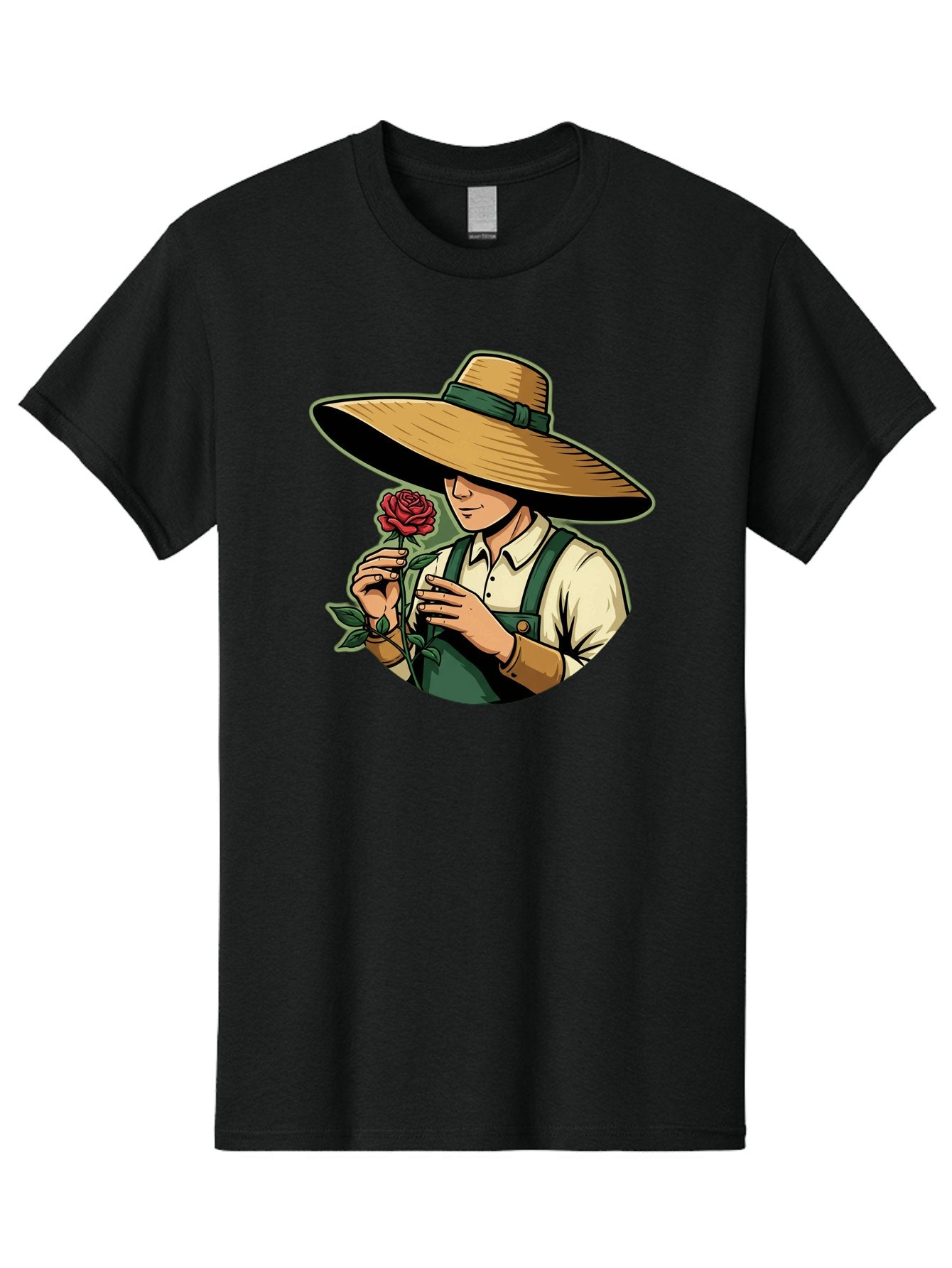 Farmer-With-Rose Men'S Graphic Tee, 100% Cotton, Comfortable Casual Summer Wear, Machine Washable, Gardener Holding Rose, Farmer With Flower, Straw Hat, Green Overall, Red Rose, Gardening, Nature Lover, Rustic Charm, Countryside Style Baa663 12
