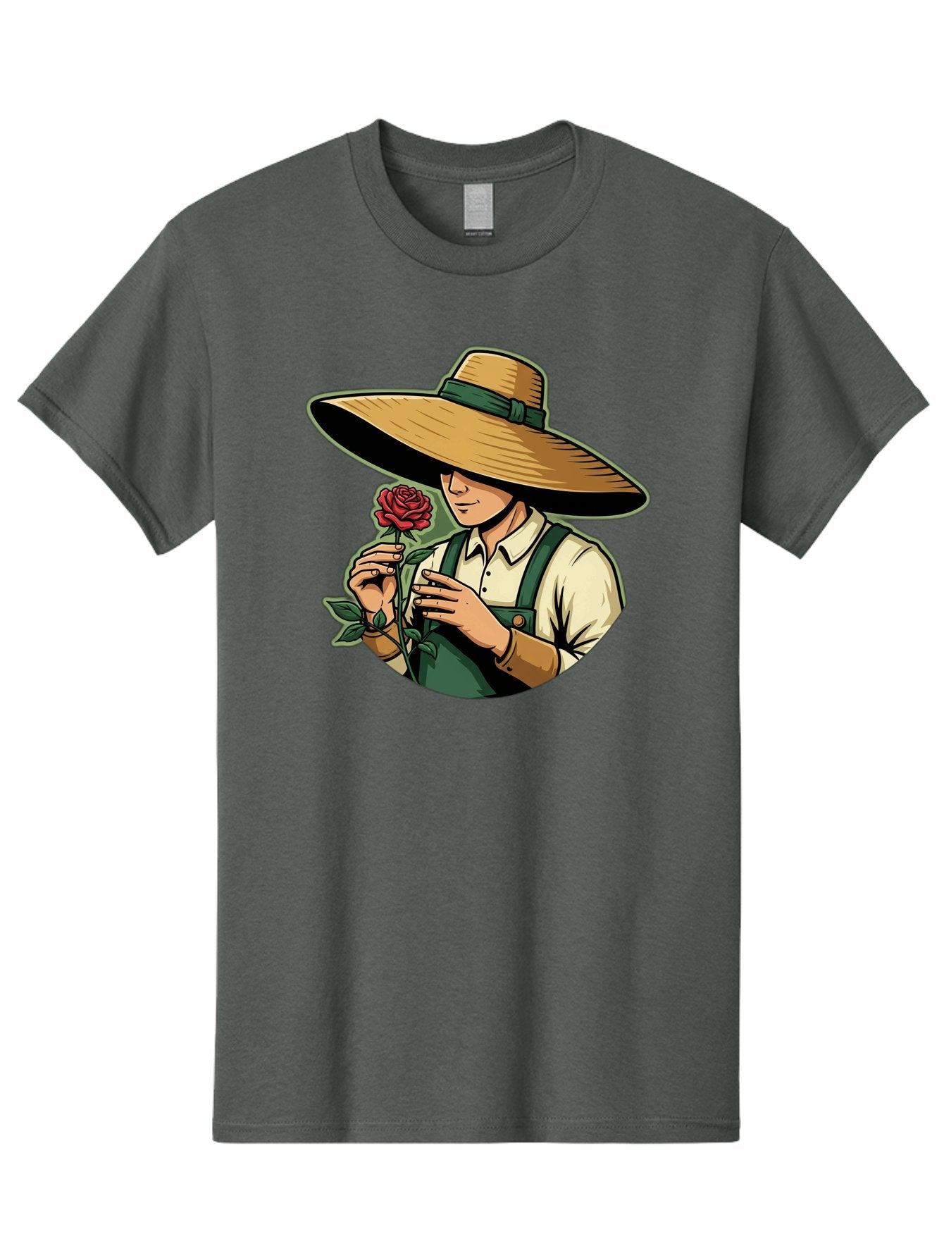 Farmer-With-Rose Men'S Graphic Tee, 100% Cotton, Comfortable Casual Summer Wear, Machine Washable, Gardener Holding Rose, Farmer With Flower, Straw Hat, Green Overall, Red Rose, Gardening, Nature Lover, Rustic Charm, Countryside Style Baa663 4