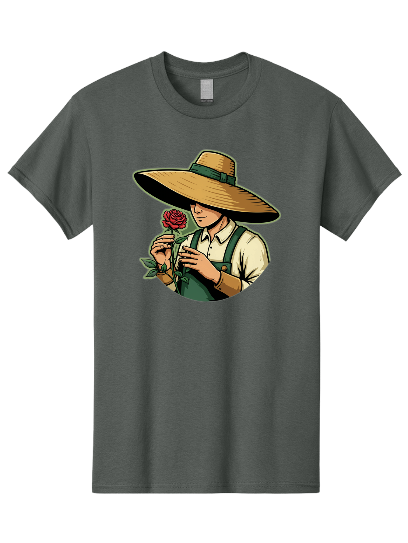 Farmer-With-Rose Men'S Graphic Tee, 100% Cotton, Comfortable Casual Summer Wear, Machine Washable, Gardener Holding Rose, Farmer With Flower, Straw Hat, Green Overall, Red Rose, Gardening, Nature Lover, Rustic Charm, Countryside Style Baa663 23