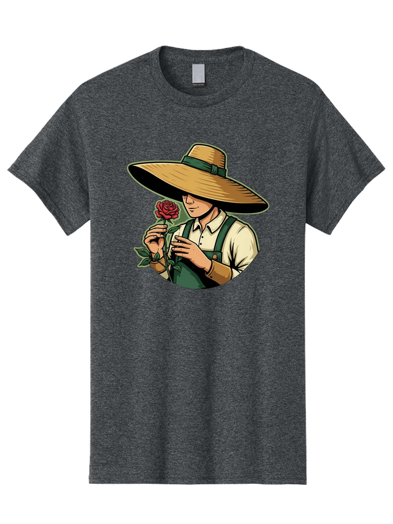 Farmer-With-Rose Men'S Graphic Tee, 100% Cotton, Comfortable Casual Summer Wear, Machine Washable, Gardener Holding Rose, Farmer With Flower, Straw Hat, Green Overall, Red Rose, Gardening, Nature Lover, Rustic Charm, Countryside Style Baa663