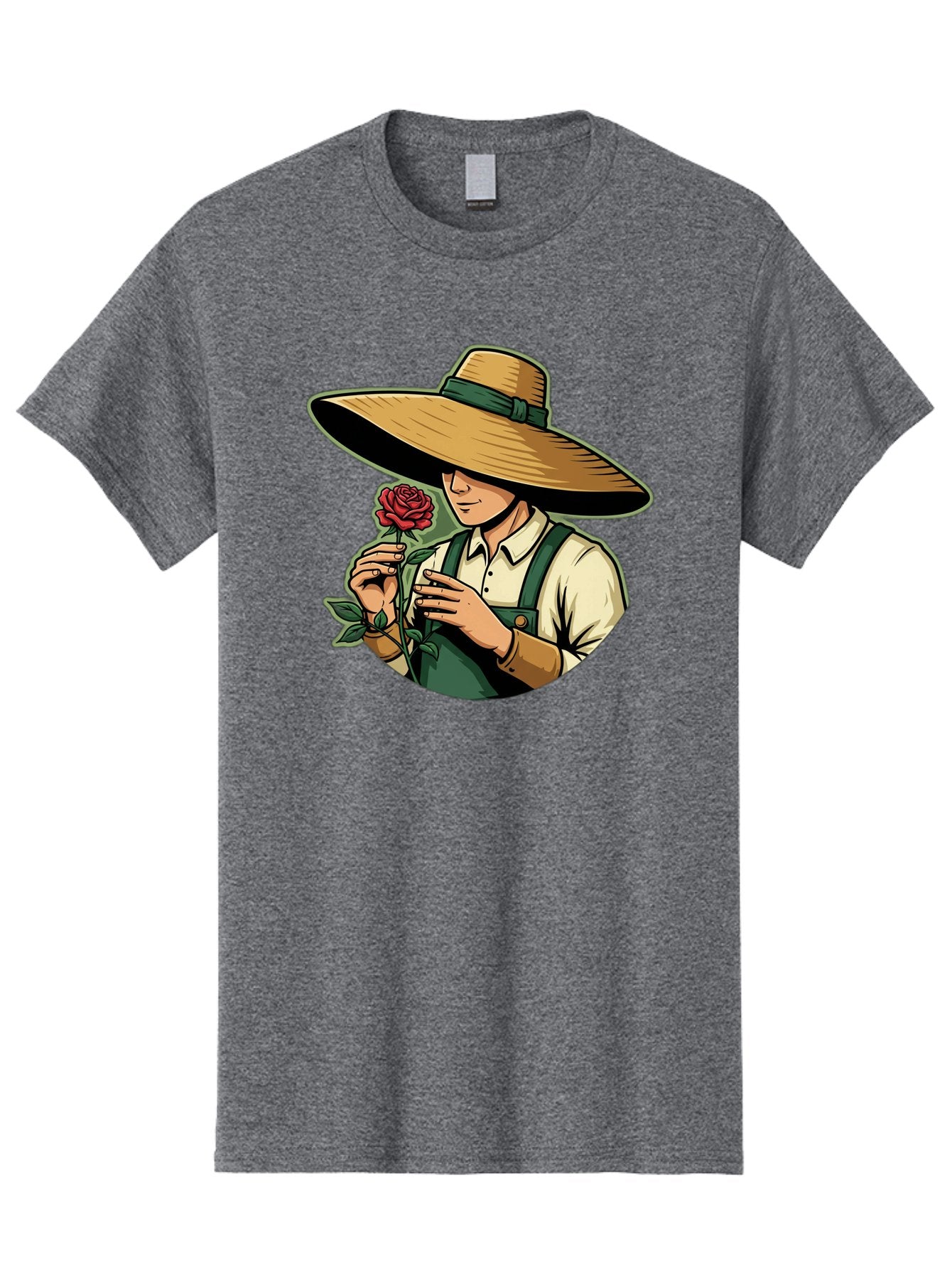 Farmer-With-Rose Men'S Graphic Tee, 100% Cotton, Comfortable Casual Summer Wear, Machine Washable, Gardener Holding Rose, Farmer With Flower, Straw Hat, Green Overall, Red Rose, Gardening, Nature Lover, Rustic Charm, Countryside Style Baa663 8
