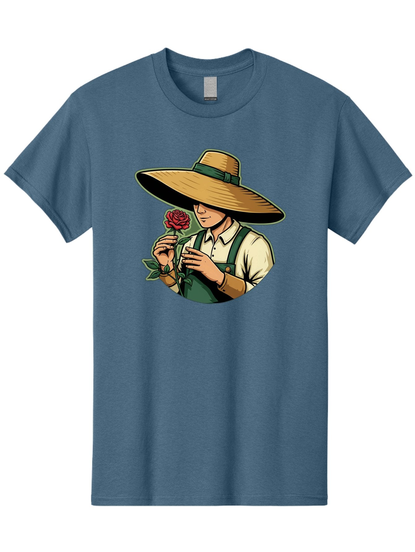 Farmer-With-Rose Men'S Graphic Tee, 100% Cotton, Comfortable Casual Summer Wear, Machine Washable, Gardener Holding Rose, Farmer With Flower, Straw Hat, Green Overall, Red Rose, Gardening, Nature Lover, Rustic Charm, Countryside Style Baa663 9