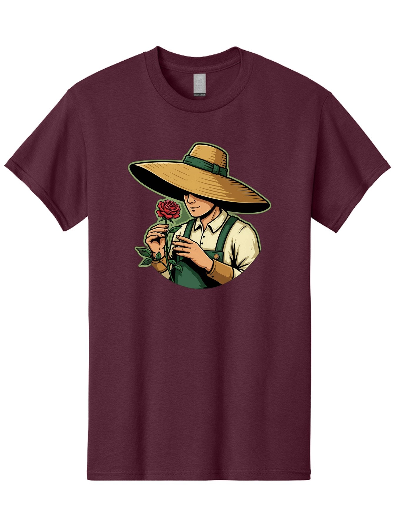 Farmer-With-Rose Men'S Graphic Tee, 100% Cotton, Comfortable Casual Summer Wear, Machine Washable, Gardener Holding Rose, Farmer With Flower, Straw Hat, Green Overall, Red Rose, Gardening, Nature Lover, Rustic Charm, Countryside Style Baa663 15