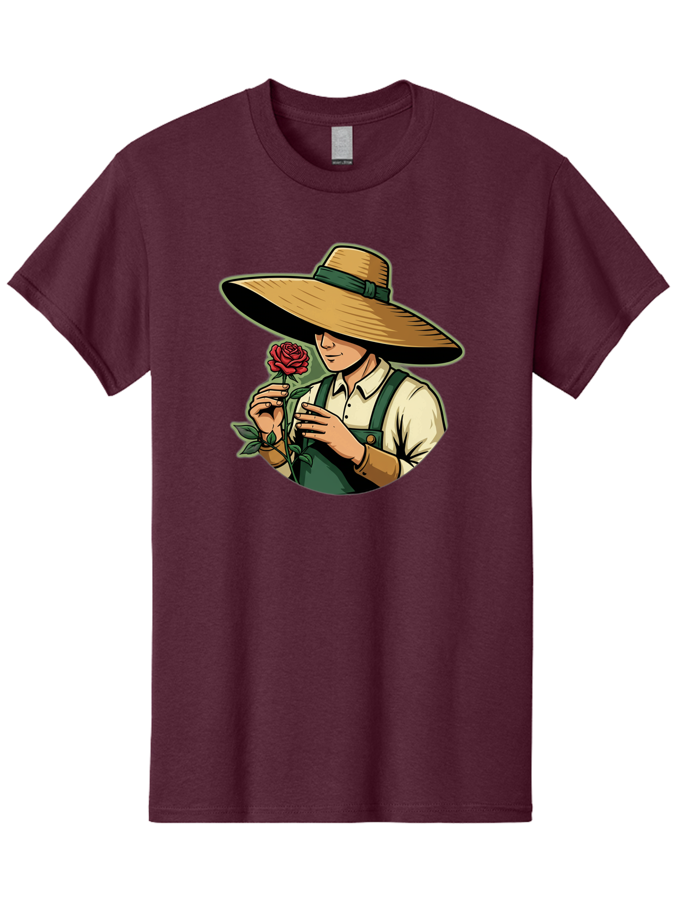 Farmer-With-Rose Men'S Graphic Tee, 100% Cotton, Comfortable Casual Summer Wear, Machine Washable, Gardener Holding Rose, Farmer With Flower, Straw Hat, Green Overall, Red Rose, Gardening, Nature Lover, Rustic Charm, Countryside Style Baa663