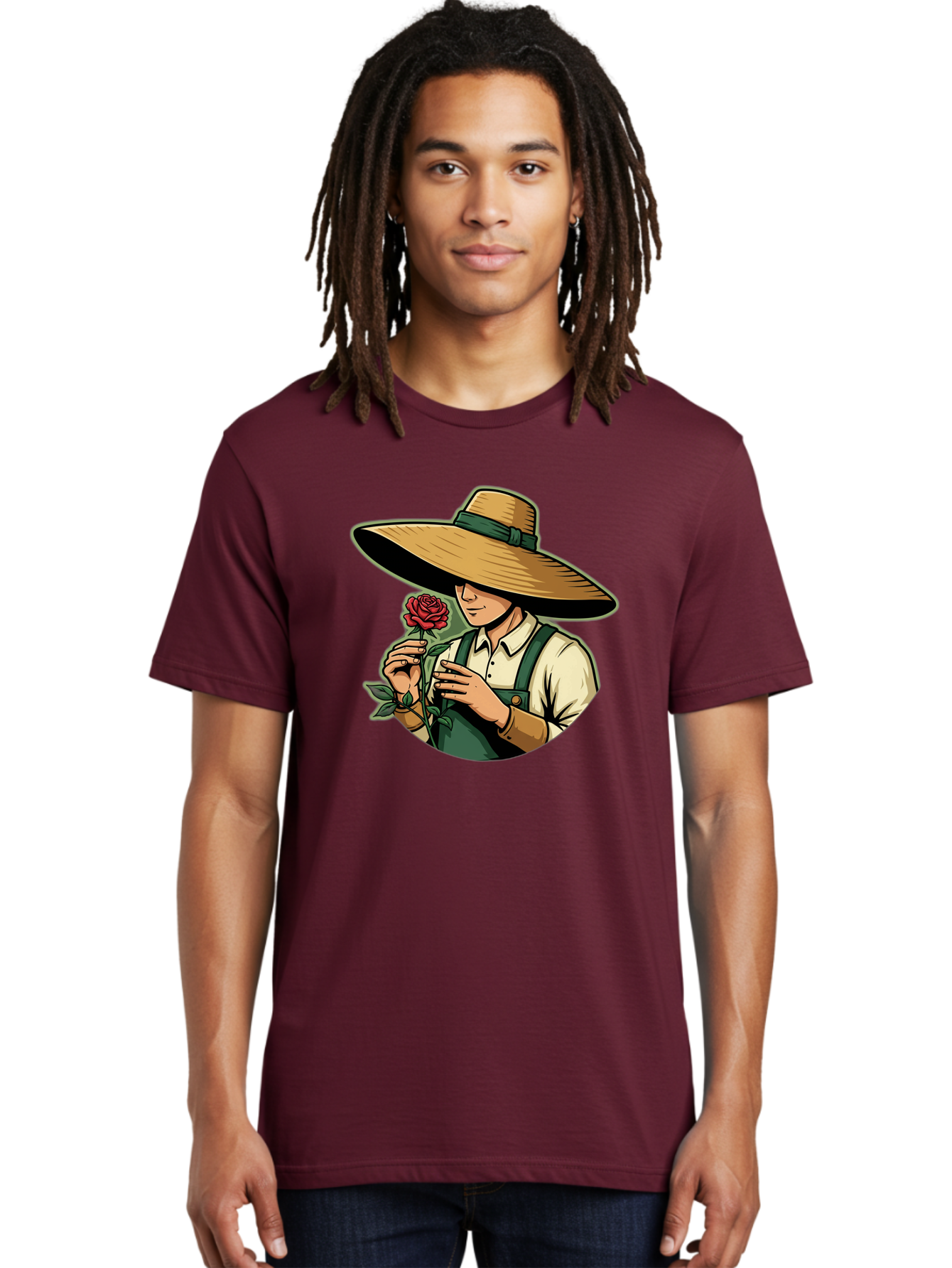 Farmer-With-Rose Men'S Graphic Tee, 100% Cotton, Comfortable Casual Summer Wear, Machine Washable, Gardener Holding Rose, Farmer With Flower, Straw Hat, Green Overall, Red Rose, Gardening, Nature Lover, Rustic Charm, Countryside Style Baa663