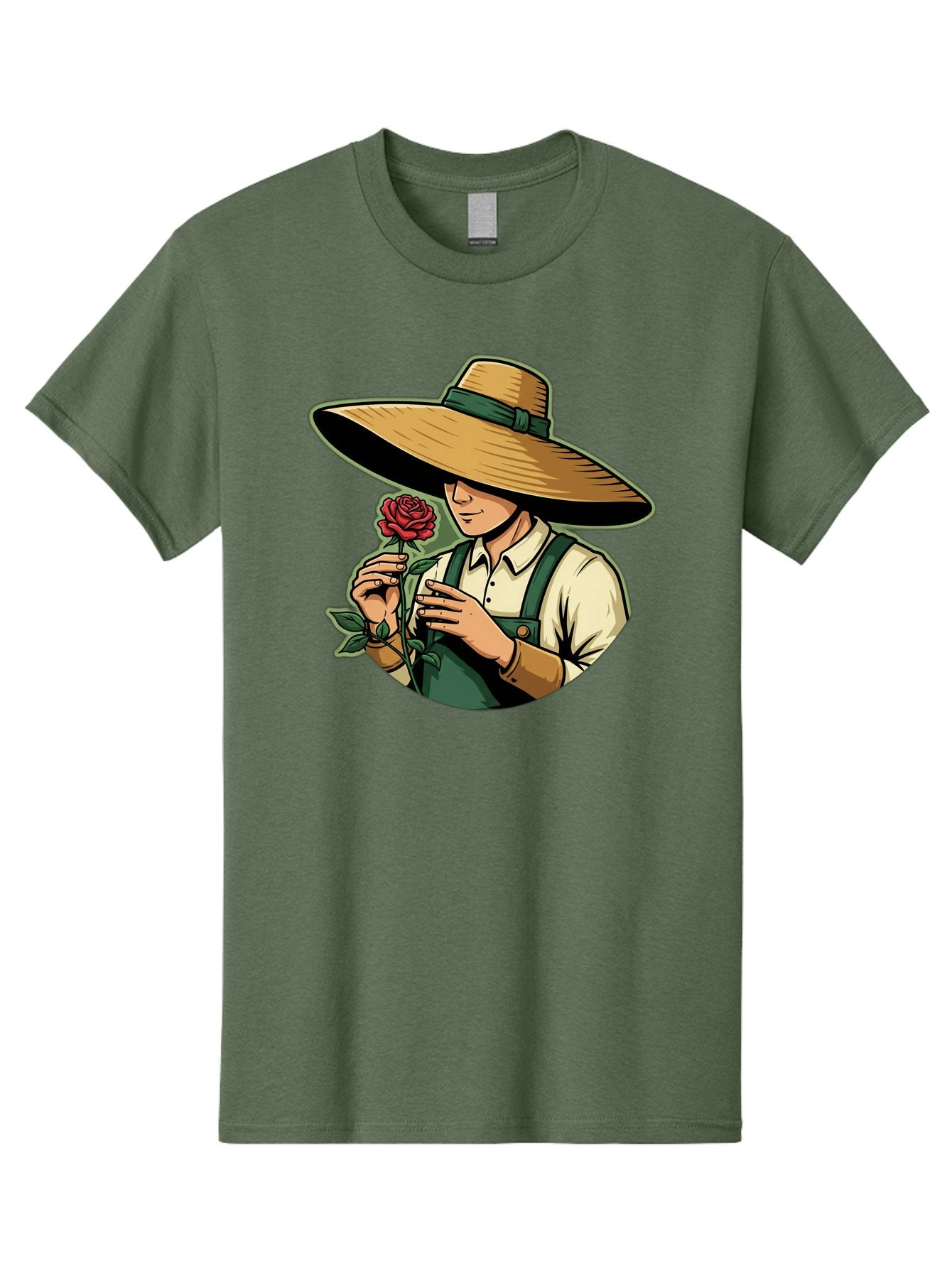 Farmer-With-Rose Men'S Graphic Tee, 100% Cotton, Comfortable Casual Summer Wear, Machine Washable, Gardener Holding Rose, Farmer With Flower, Straw Hat, Green Overall, Red Rose, Gardening, Nature Lover, Rustic Charm, Countryside Style Baa663 5
