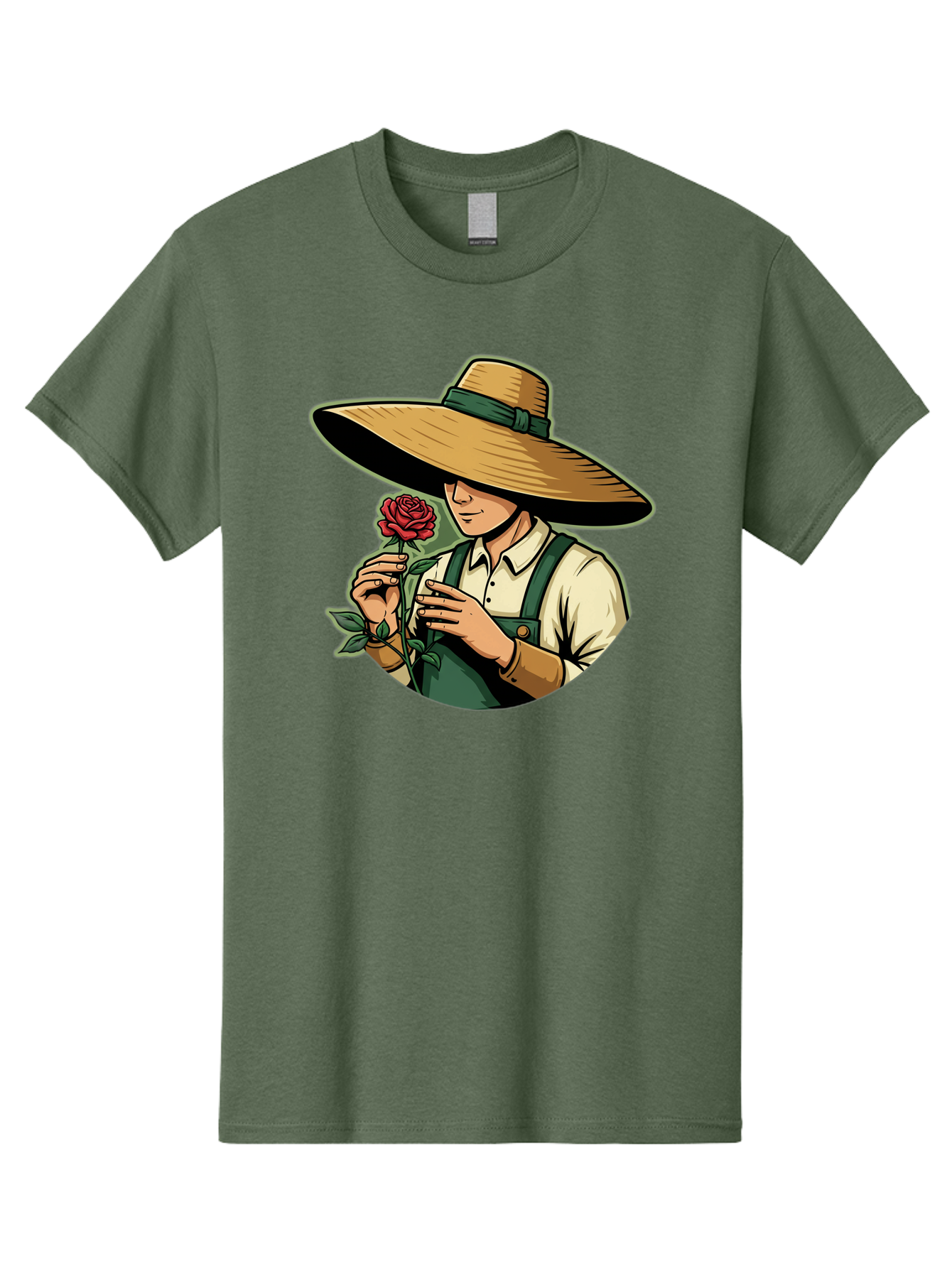 Farmer-With-Rose Men'S Graphic Tee, 100% Cotton, Comfortable Casual Summer Wear, Machine Washable, Gardener Holding Rose, Farmer With Flower, Straw Hat, Green Overall, Red Rose, Gardening, Nature Lover, Rustic Charm, Countryside Style Baa663 15