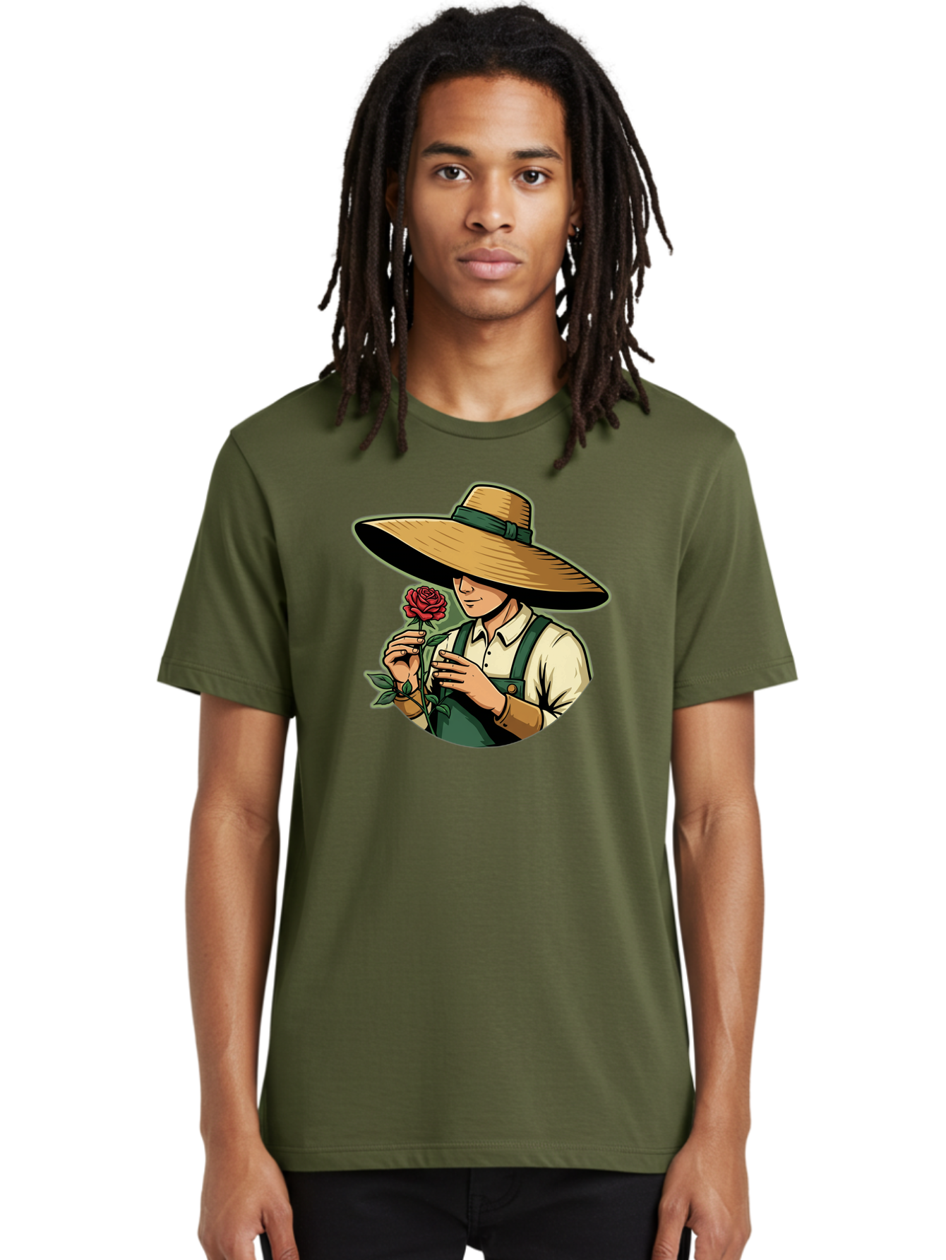 Farmer-With-Rose Men'S Graphic Tee, 100% Cotton, Comfortable Casual Summer Wear, Machine Washable, Gardener Holding Rose, Farmer With Flower, Straw Hat, Green Overall, Red Rose, Gardening, Nature Lover, Rustic Charm, Countryside Style Baa663 16