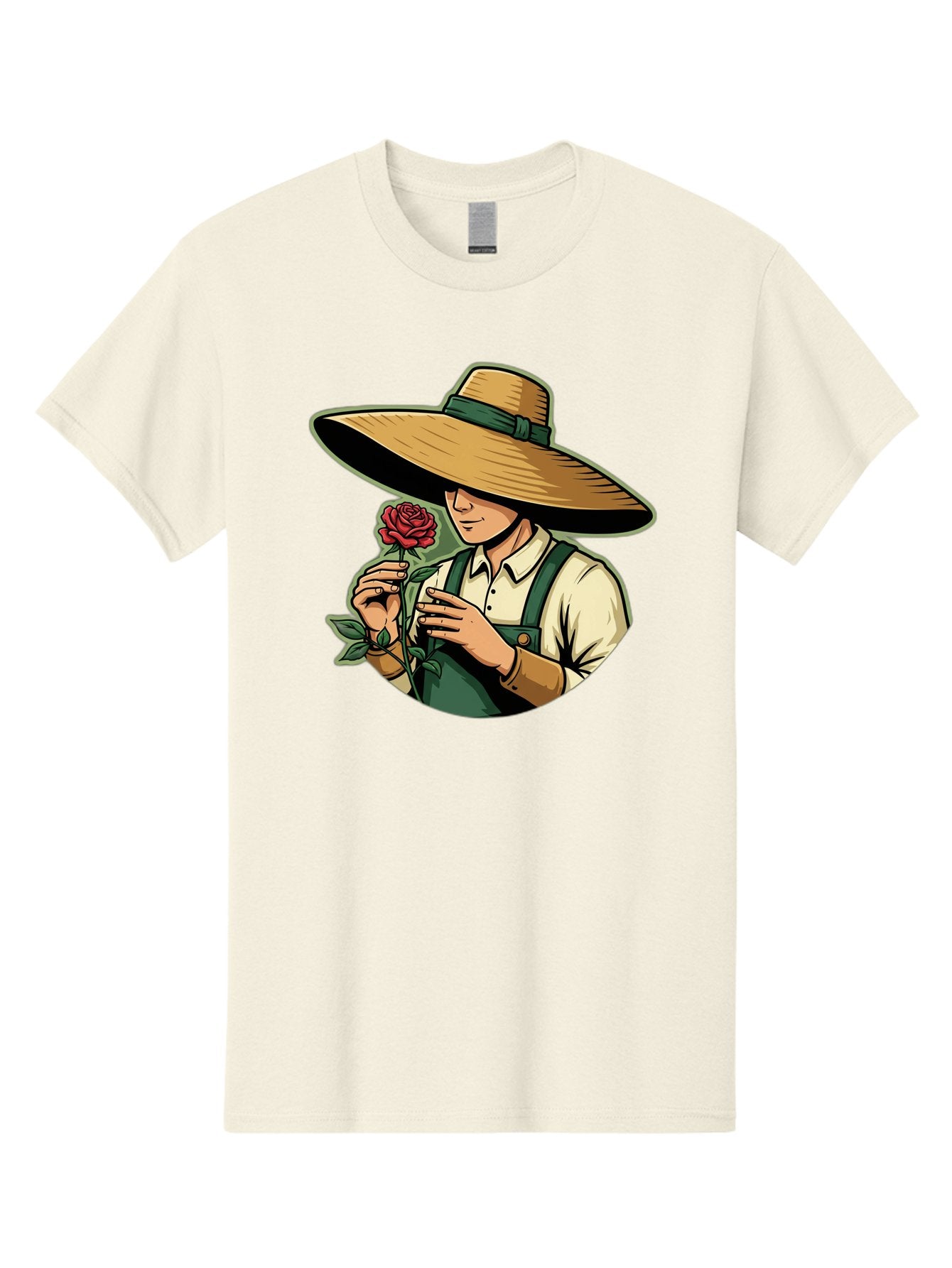 Farmer-With-Rose Men'S Graphic Tee, 100% Cotton, Comfortable Casual Summer Wear, Machine Washable, Gardener Holding Rose, Farmer With Flower, Straw Hat, Green Overall, Red Rose, Gardening, Nature Lover, Rustic Charm, Countryside Style Baa663 13