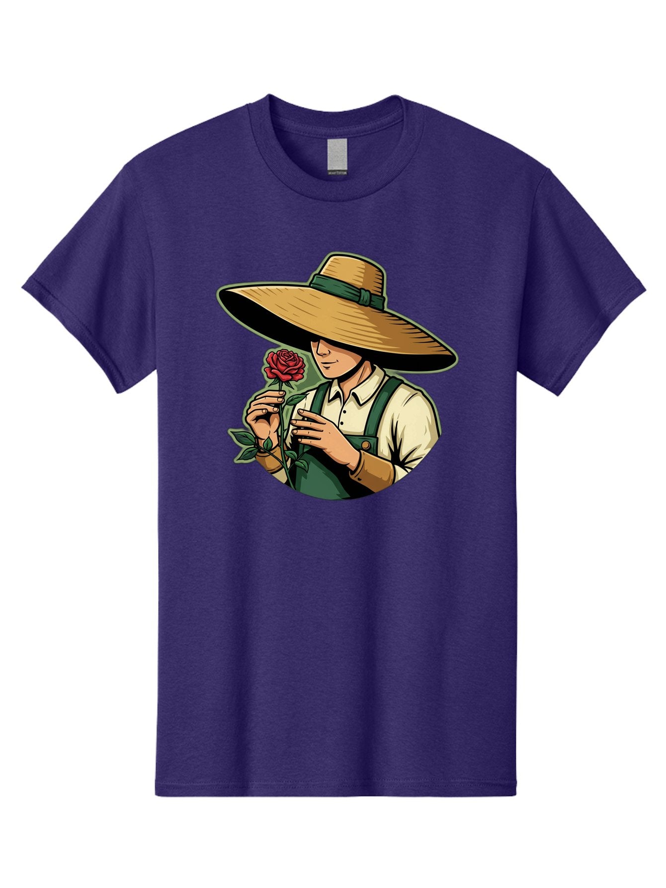 Farmer-With-Rose Men'S Graphic Tee, 100% Cotton, Comfortable Casual Summer Wear, Machine Washable, Gardener Holding Rose, Farmer With Flower, Straw Hat, Green Overall, Red Rose, Gardening, Nature Lover, Rustic Charm, Countryside Style Baa663 10