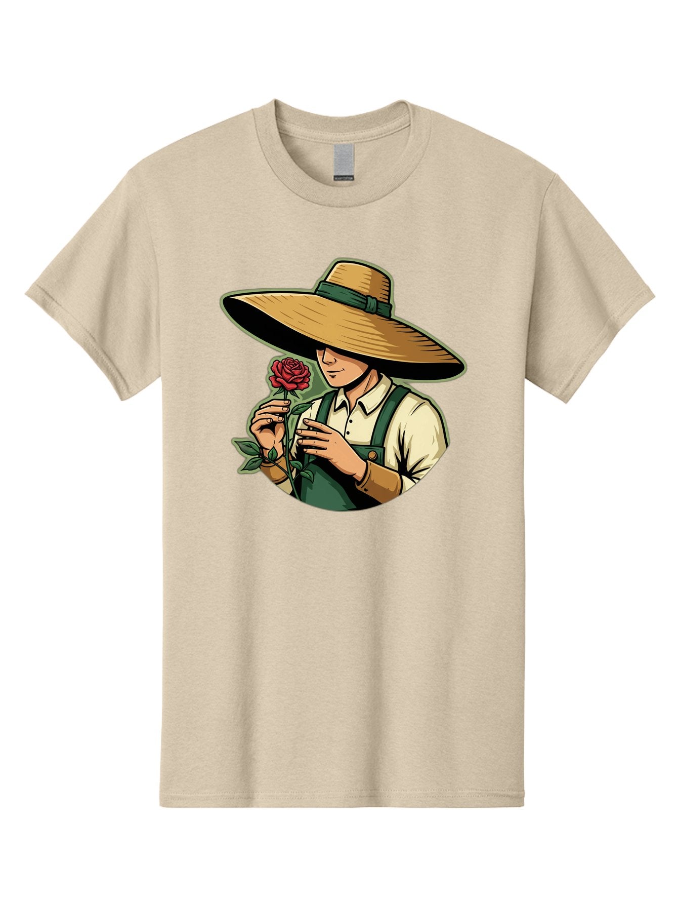 Farmer-With-Rose Men'S Graphic Tee, 100% Cotton, Comfortable Casual Summer Wear, Machine Washable, Gardener Holding Rose, Farmer With Flower, Straw Hat, Green Overall, Red Rose, Gardening, Nature Lover, Rustic Charm, Countryside Style Baa663 3