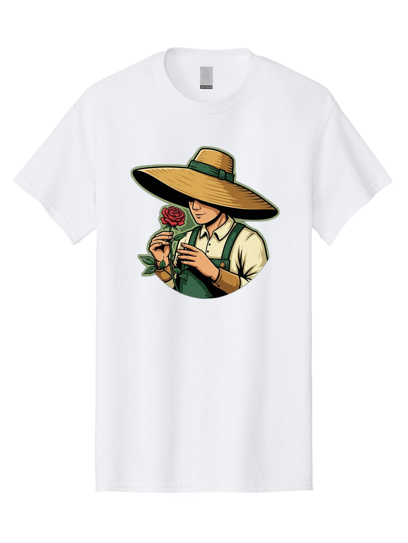 Farmer-With-Rose Men'S Graphic Tee, 100% Cotton, Comfortable Casual Summer Wear, Machine Washable, Gardener Holding Rose, Farmer With Flower, Straw Hat, Green Overall, Red Rose, Gardening, Nature Lover, Rustic Charm, Countryside Style Baa663 11