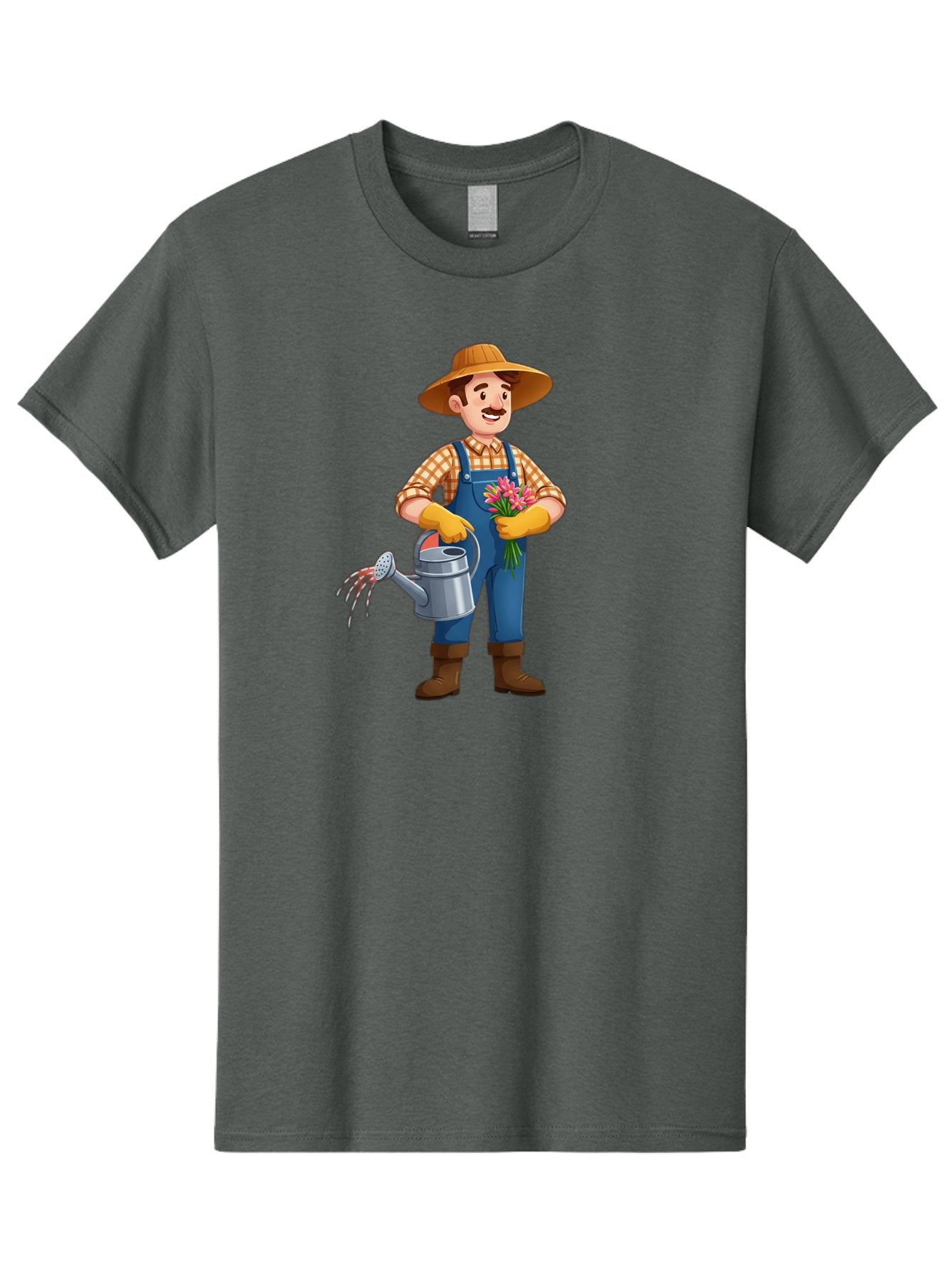 Farmer-With-Watering-Can Men'S Graphic Tee, 100% Cotton, Comfortable Casual Summer Wear, Machine Washable, Gardener Watering Plants, Bouquet Of Flowers, Gardening Tools, Rustic Clothing, Outdoor Activities, Plant Care, Gardening Lifestyle, Baa665 14