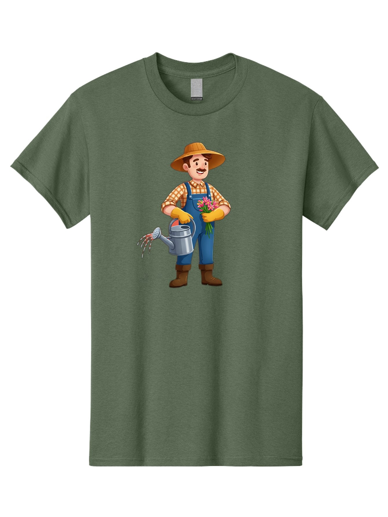 Farmer-With-Watering-Can Men'S Graphic Tee, 100% Cotton, Comfortable Casual Summer Wear, Machine Washable, Gardener Watering Plants, Bouquet Of Flowers, Gardening Tools, Rustic Clothing, Outdoor Activities, Plant Care, Gardening Lifestyle, Baa665 5