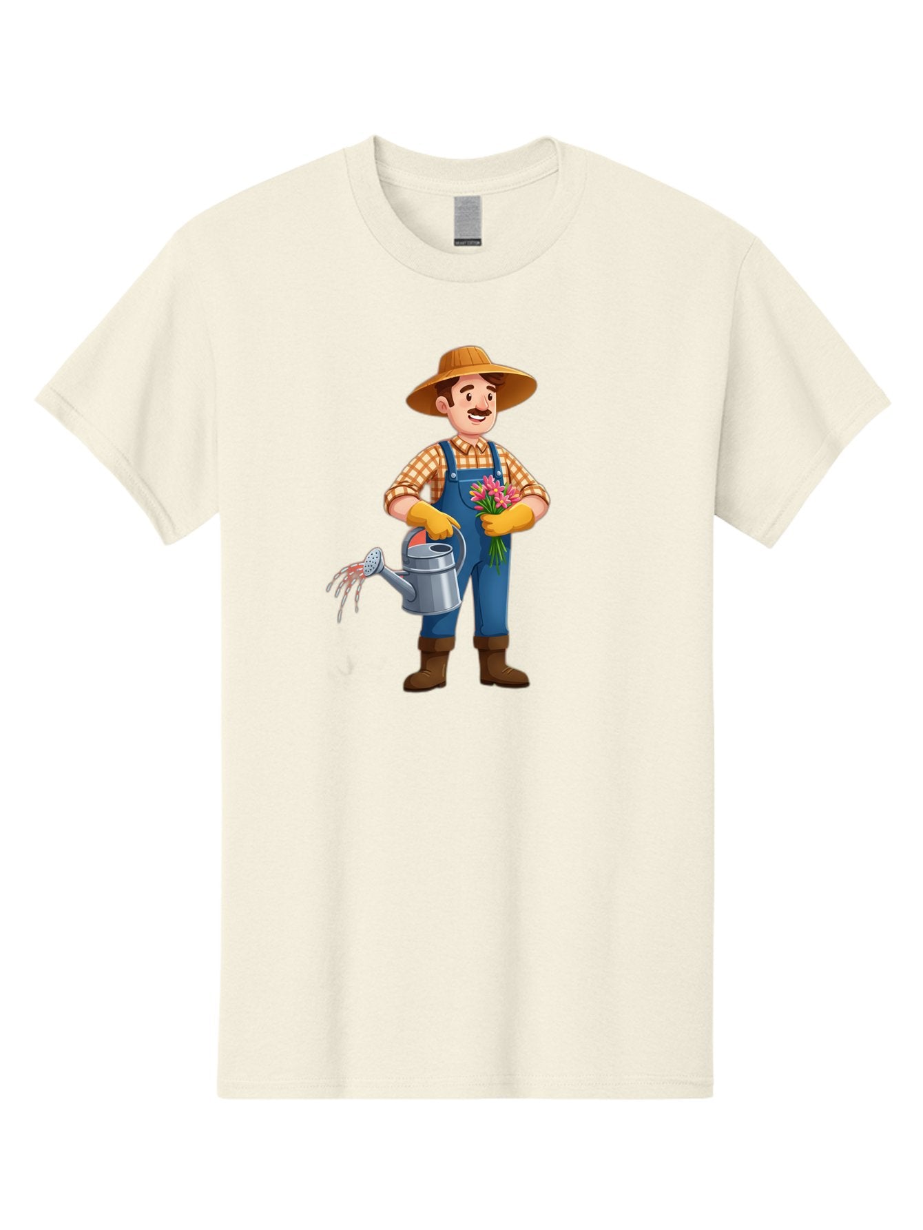 Farmer-With-Watering-Can Men'S Graphic Tee, 100% Cotton, Comfortable Casual Summer Wear, Machine Washable, Gardener Watering Plants, Bouquet Of Flowers, Gardening Tools, Rustic Clothing, Outdoor Activities, Plant Care, Gardening Lifestyle, Baa665 8