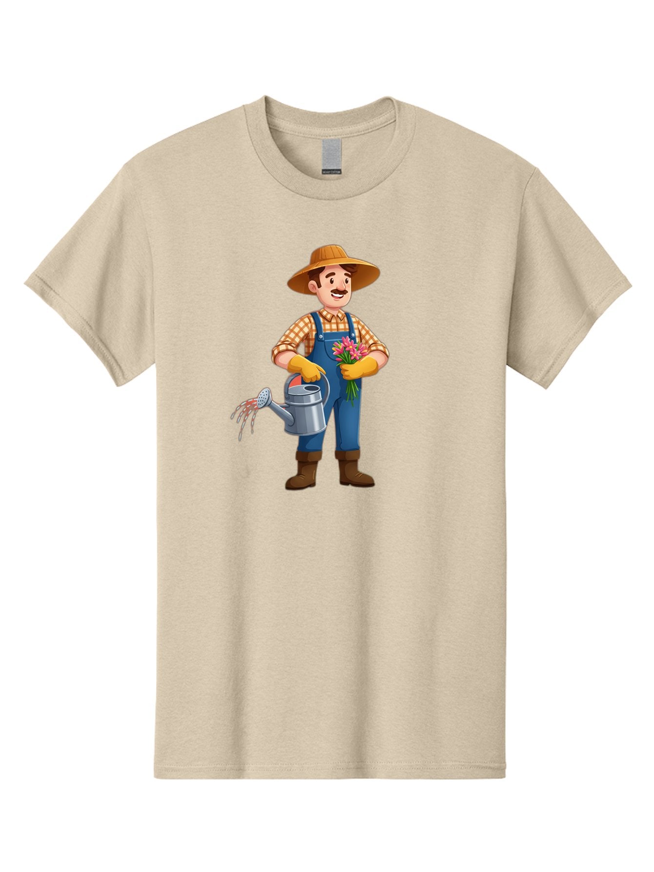 Farmer-With-Watering-Can Men'S Graphic Tee, 100% Cotton, Comfortable Casual Summer Wear, Machine Washable, Gardener Watering Plants, Bouquet Of Flowers, Gardening Tools, Rustic Clothing, Outdoor Activities, Plant Care, Gardening Lifestyle, Baa665 4