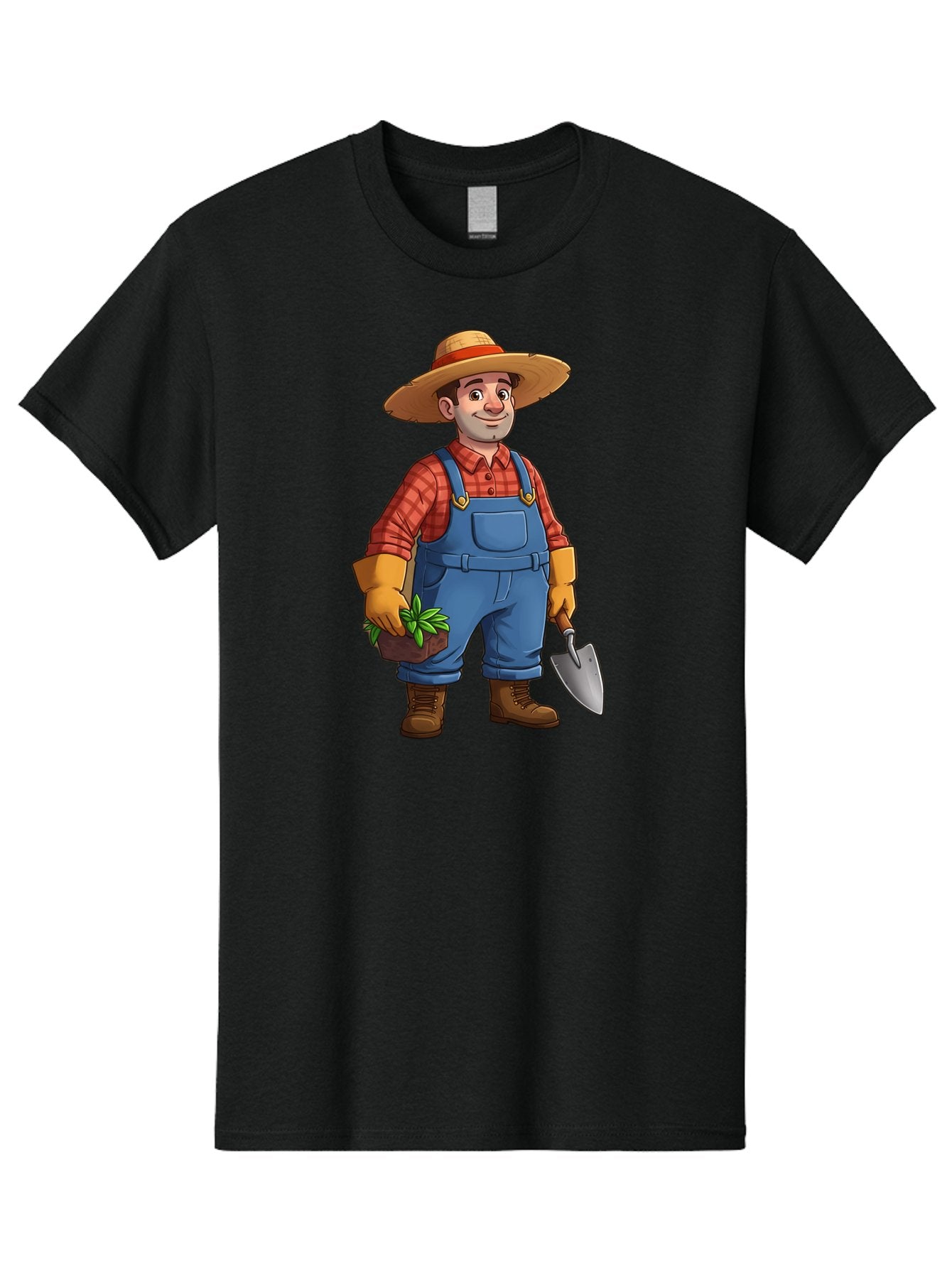 Farmer Men'S Graphic Tee, 100% Cotton, Comfortable Casual Summer Wear, Machine Washable, Gardener Holding Plant And Shovel, Gardening Tools, Outdoor Work, Farming Attire, Plaid Shirt, Overalls, Straw Hat, Agricultural Work, Gardening Gloves Baa666 15