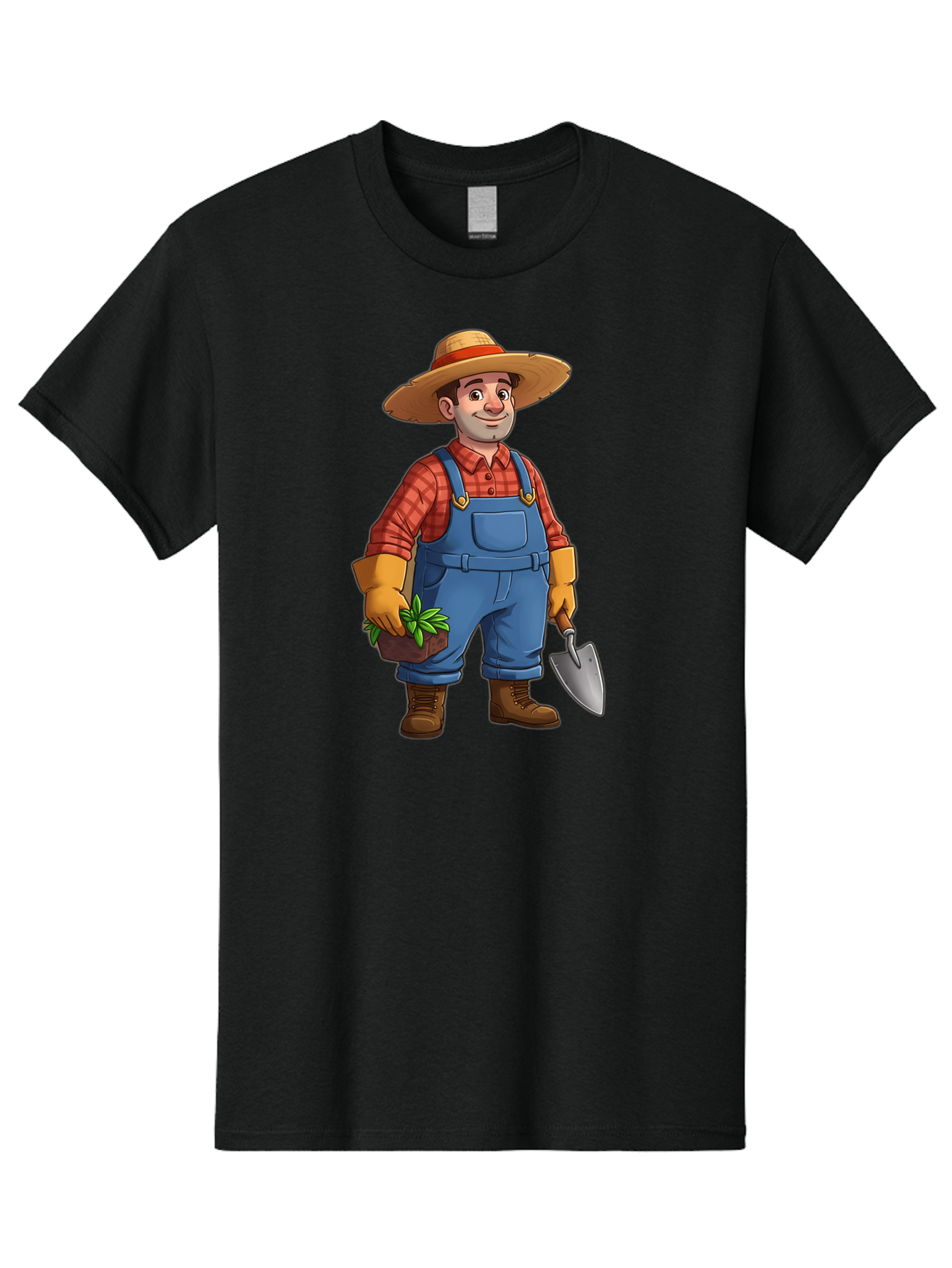 Farmer Men'S Graphic Tee, 100% Cotton, Comfortable Casual Summer Wear, Machine Washable, Gardener Holding Plant And Shovel, Gardening Tools, Outdoor Work, Farming Attire, Plaid Shirt, Overalls, Straw Hat, Agricultural Work, Gardening Gloves Baa666