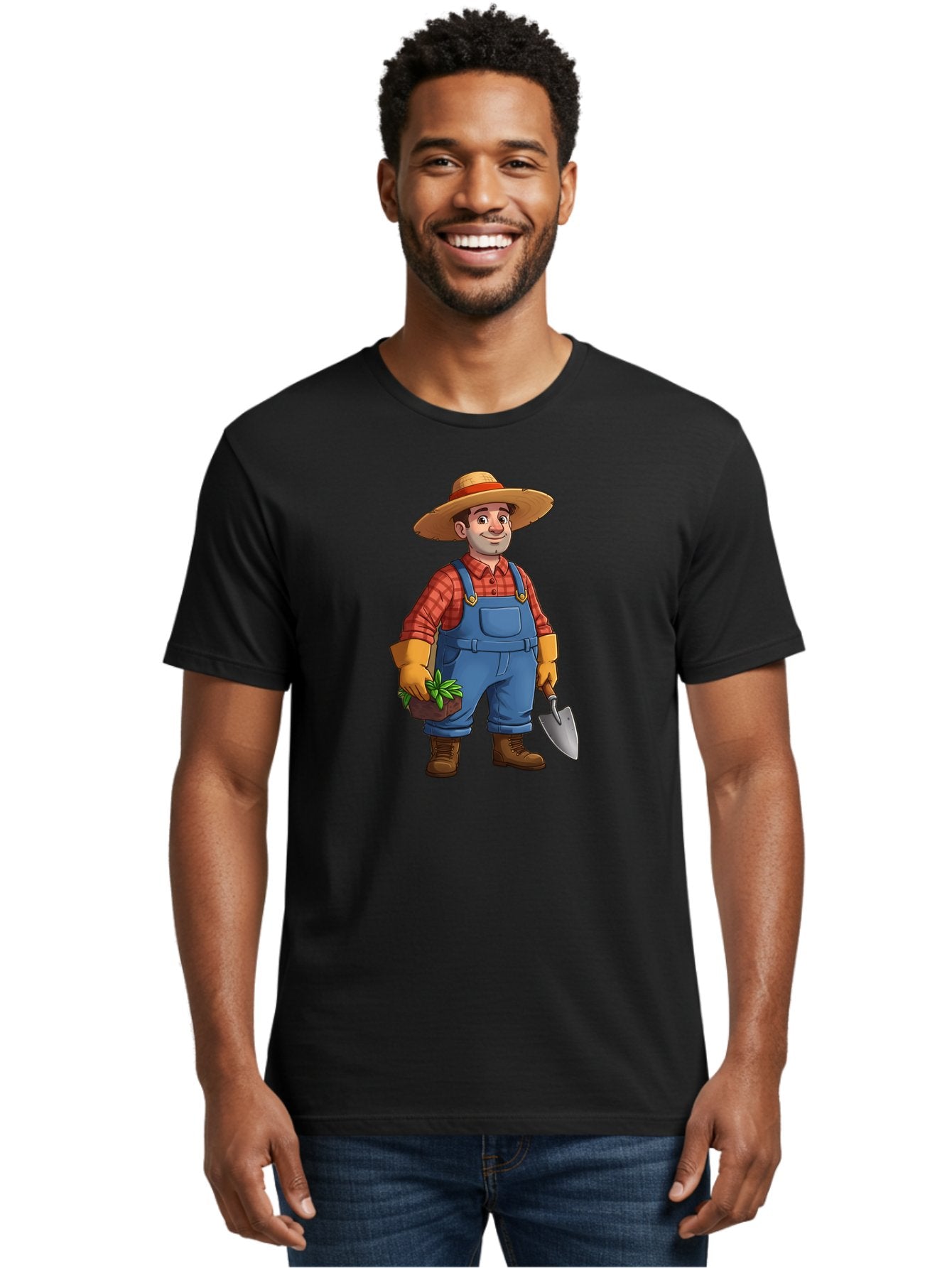 Farmer Men'S Graphic Tee, 100% Cotton, Comfortable Casual Summer Wear, Machine Washable, Gardener Holding Plant And Shovel, Gardening Tools, Outdoor Work, Farming Attire, Plaid Shirt, Overalls, Straw Hat, Agricultural Work, Gardening Gloves Baa666 30
